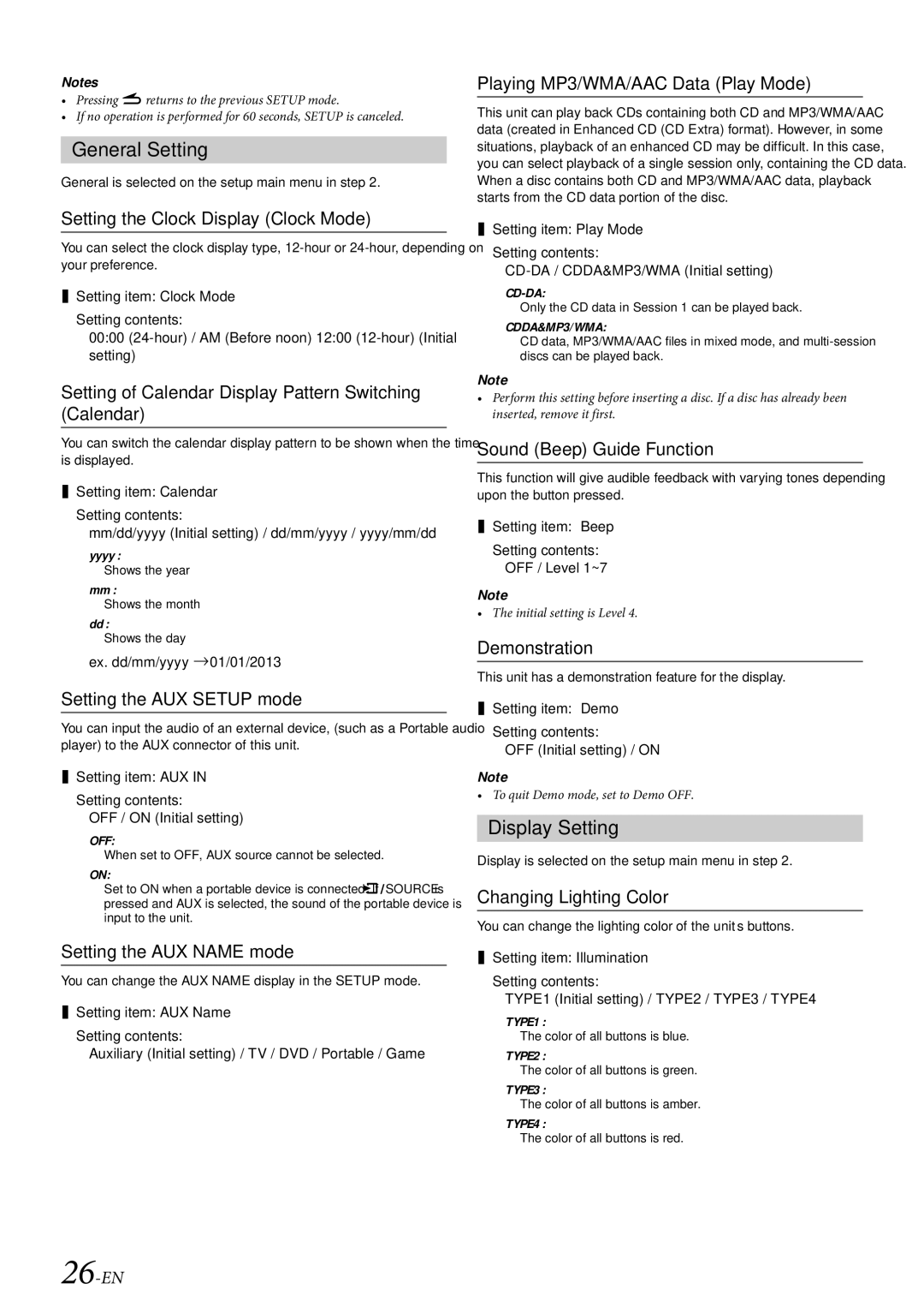 Alpine CDE-HD149BT owner manual General Setting, Display Setting 