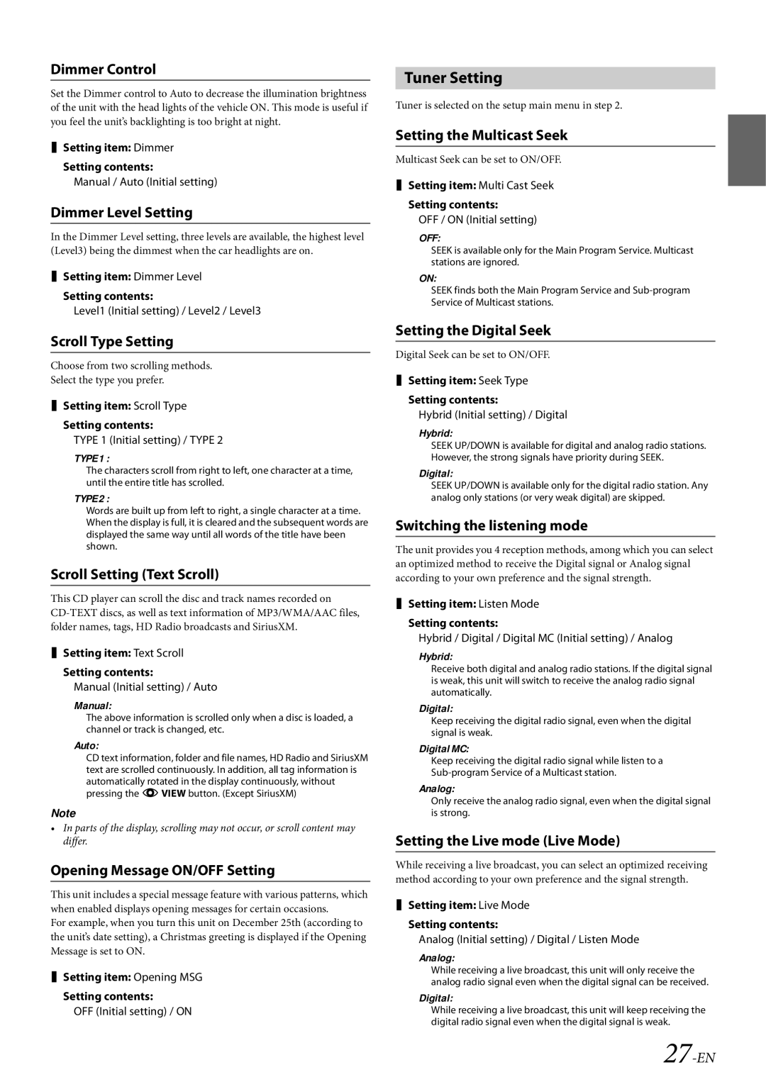 Alpine CDE-HD149BT owner manual Tuner Setting 