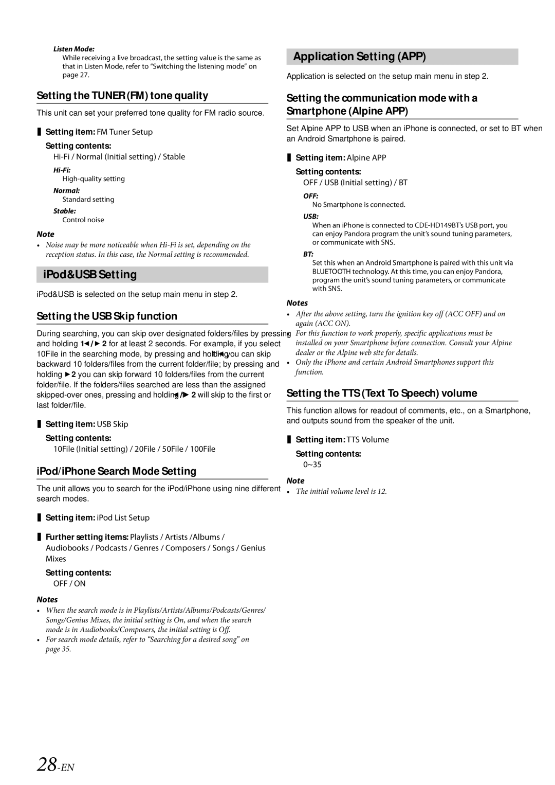 Alpine CDE-HD149BT owner manual IPod&USB Setting, Application Setting APP 