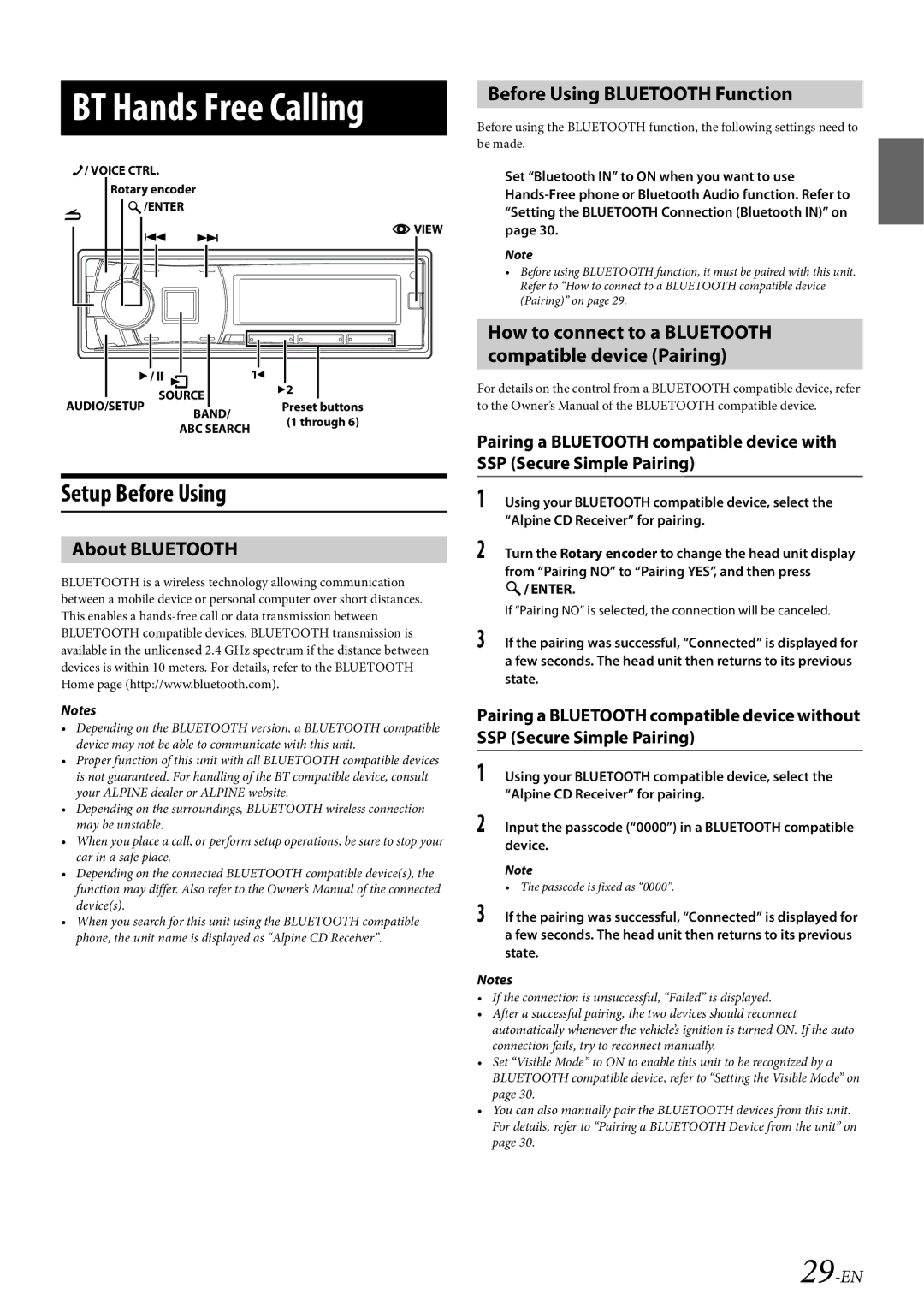 Alpine CDE-HD149BT owner manual Setup Before Using, About Bluetooth, Before Using Bluetooth Function, 29-EN 