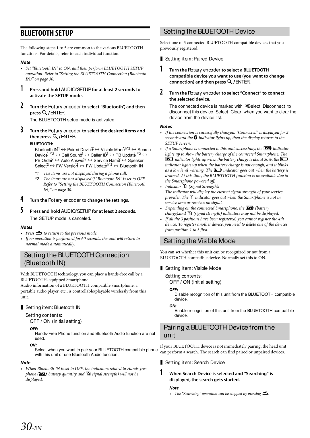 Alpine CDE-HD149BT Setting the Bluetooth Connection Bluetooth, Setting the Bluetooth Device, Setting the Visible Mode 