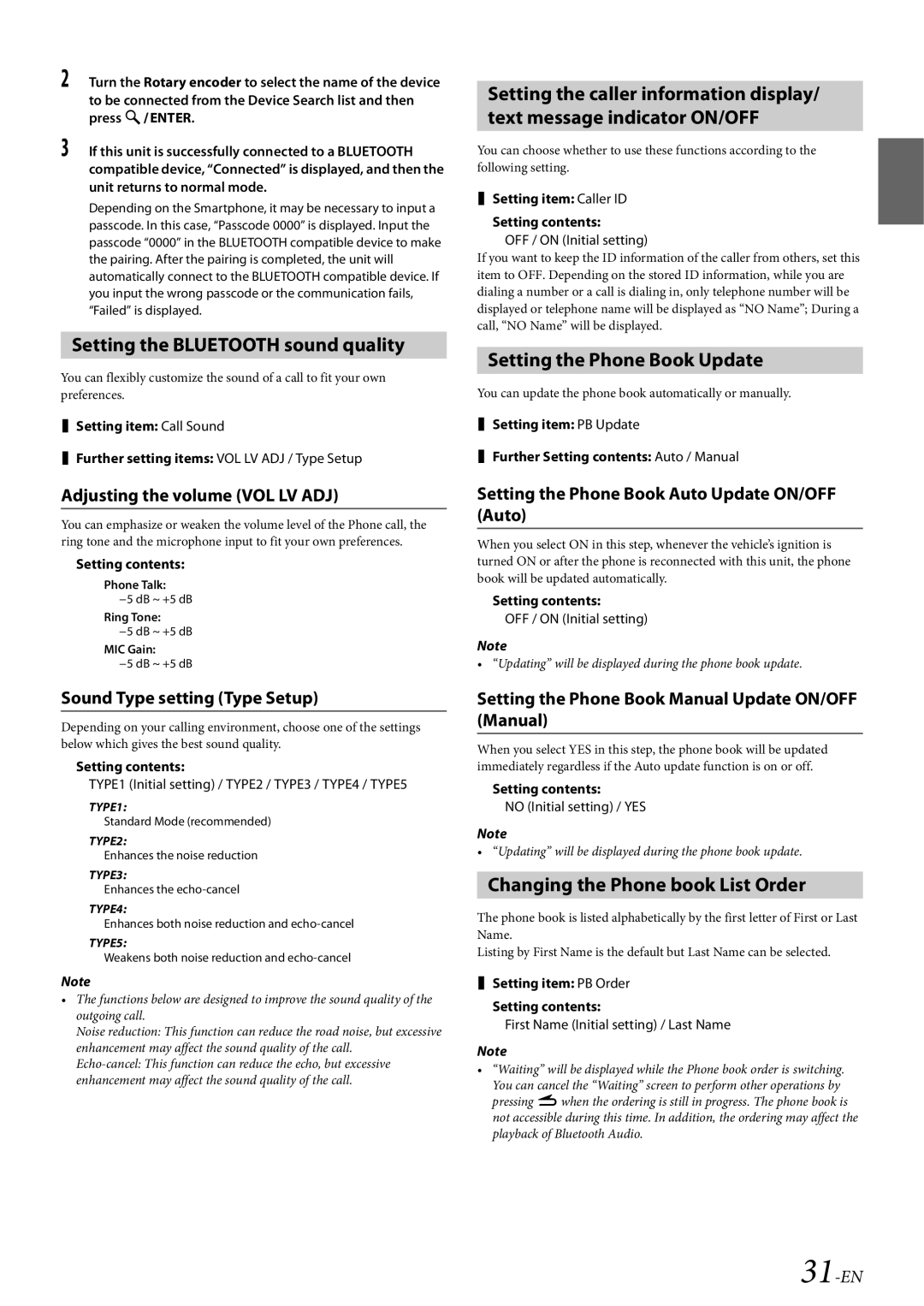 Alpine CDE-HD149BT Setting the Bluetooth sound quality, Setting the Phone Book Update, Changing the Phone book List Order 