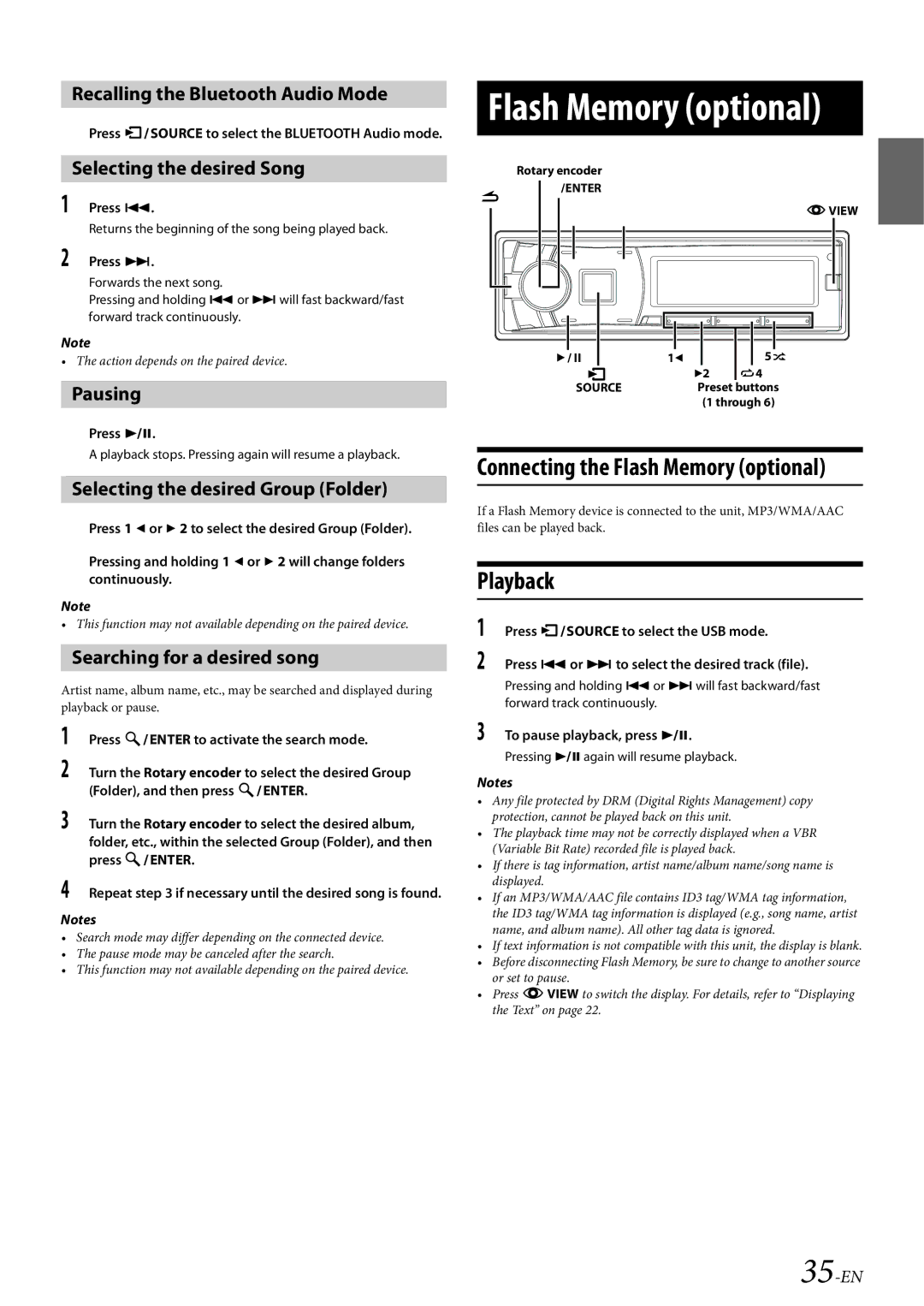 Alpine CDE-HD149BT Recalling the Bluetooth Audio Mode, Selecting the desired Song, Pausing, Searching for a desired song 