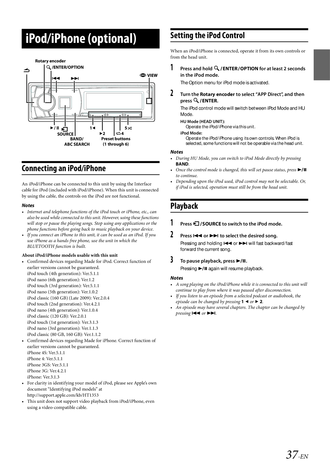 Alpine CDE-HD149BT Setting the iPod Control, Connecting an iPod/iPhone, 37-EN, Press VSOURCE to switch to the iPod mode 