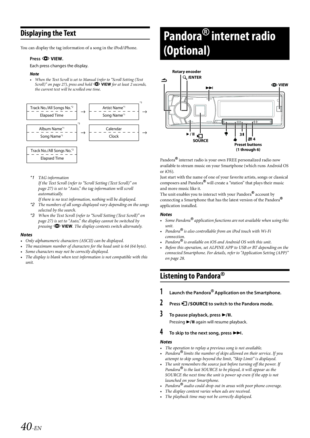 Alpine CDE-HD149BT owner manual Listening to Pandora, 40-EN, To skip to the next song, press  