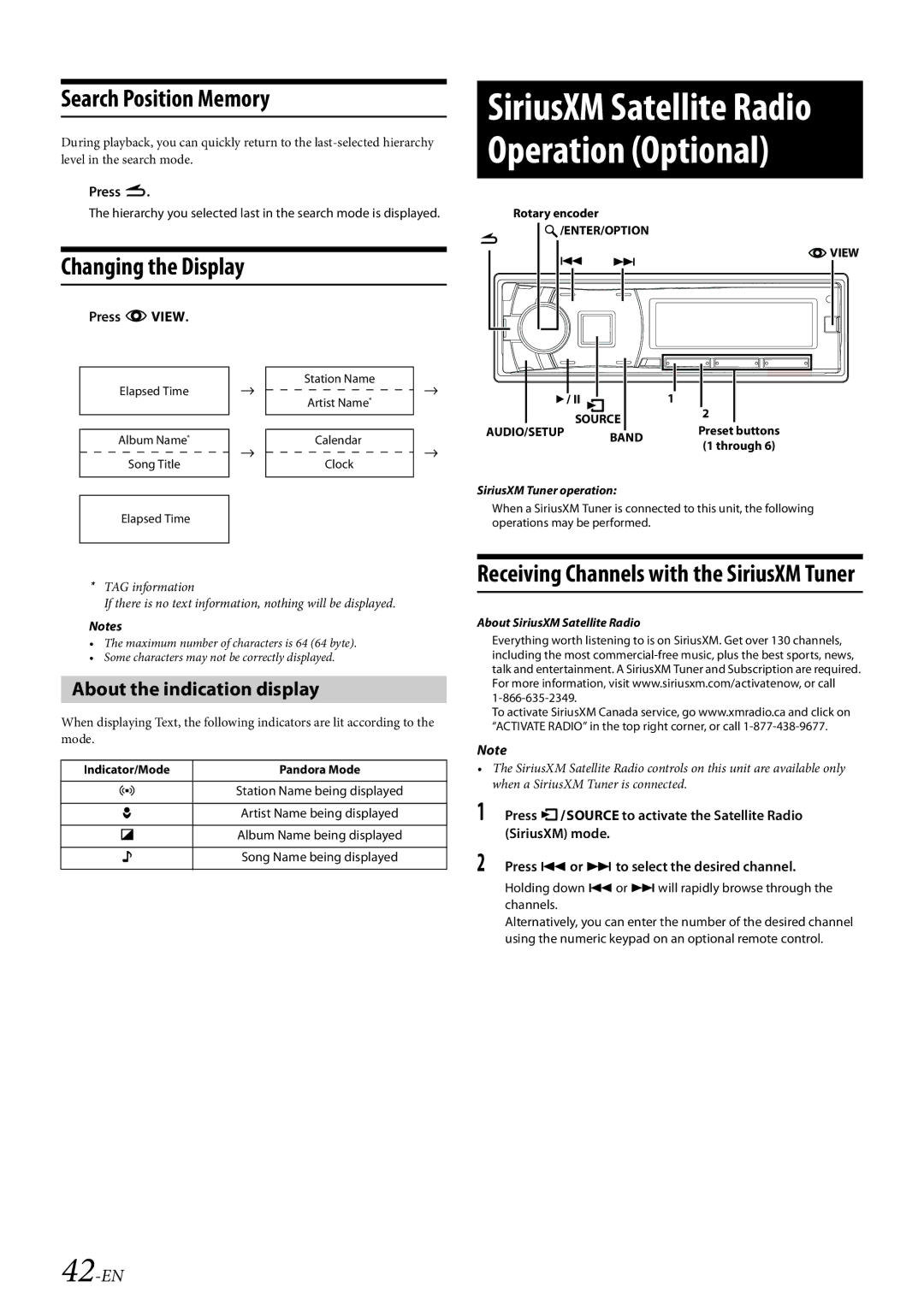 Alpine CDE-HD149BT Changing the Display, Receiving Channels with the SiriusXM Tuner, 42-EN, SiriusXM Tuner operation 