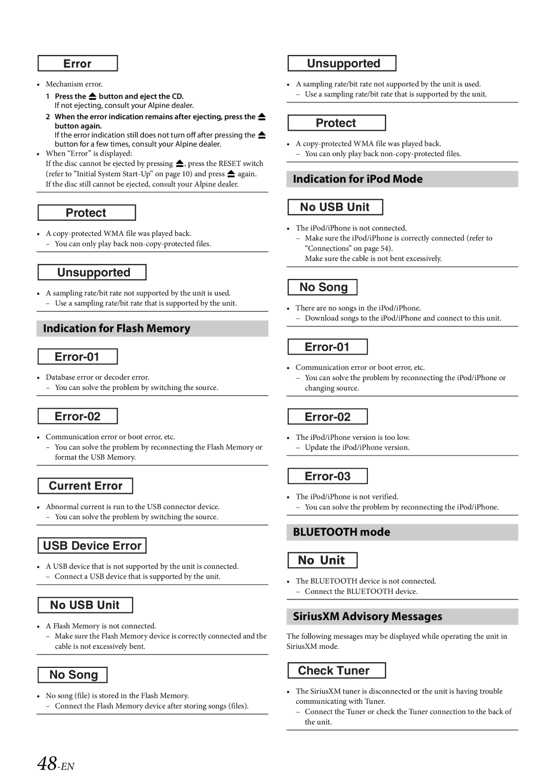 Alpine CDE-HD149BT owner manual Indication for Flash Memory Error-01, Indication for iPod Mode, Bluetooth mode, 48-EN 