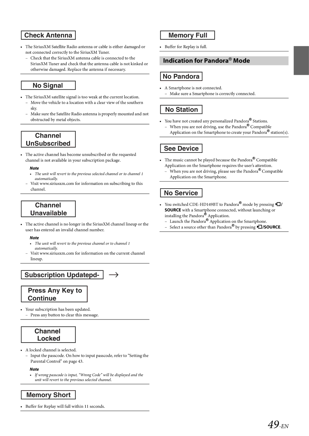 Alpine CDE-HD149BT owner manual Indication for Pandora Mode No Pandora, 49-EN, Buffer for Replay is full 