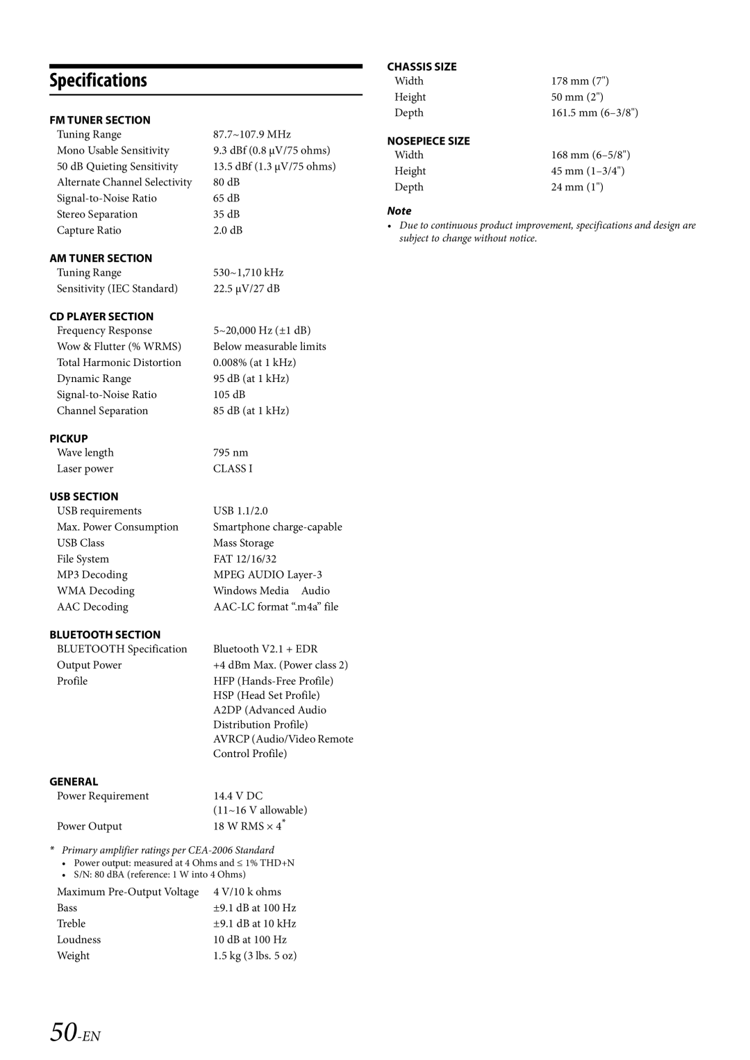 Alpine CDE-HD149BT owner manual Specifications, 50-EN 