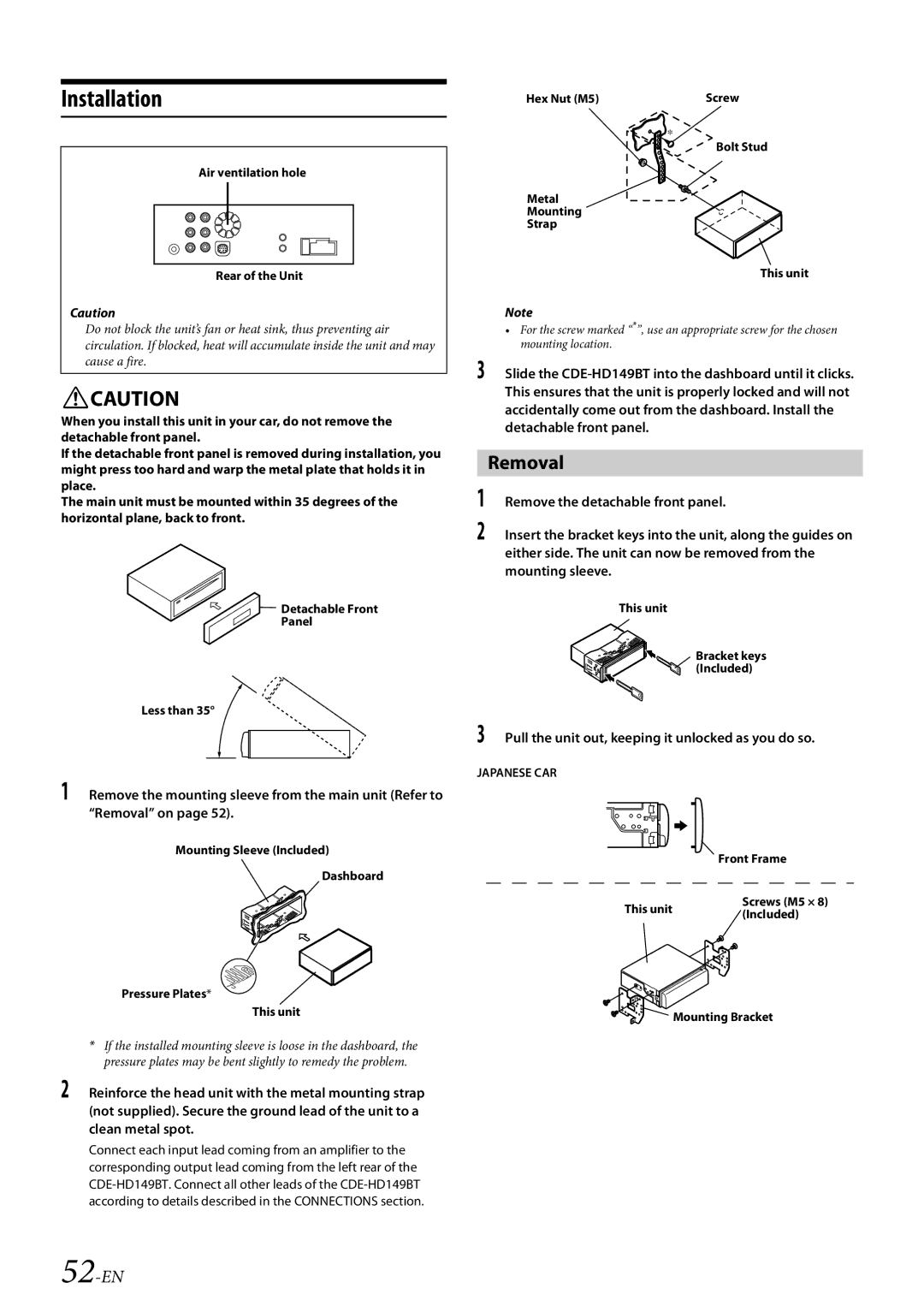 Alpine CDE-HD149BT owner manual Installation, Removal, 52-EN, Pull the unit out, keeping it unlocked as you do so 