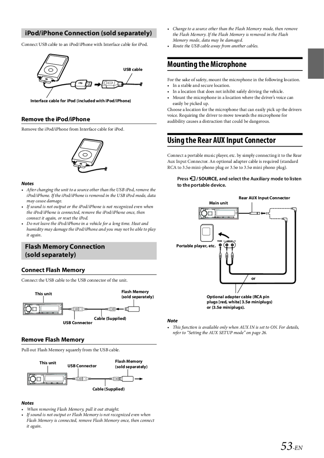 Alpine CDE-HD149BT Mounting the Microphone, IPod/iPhone Connection sold separately, Remove the iPod/iPhone, 53-EN 