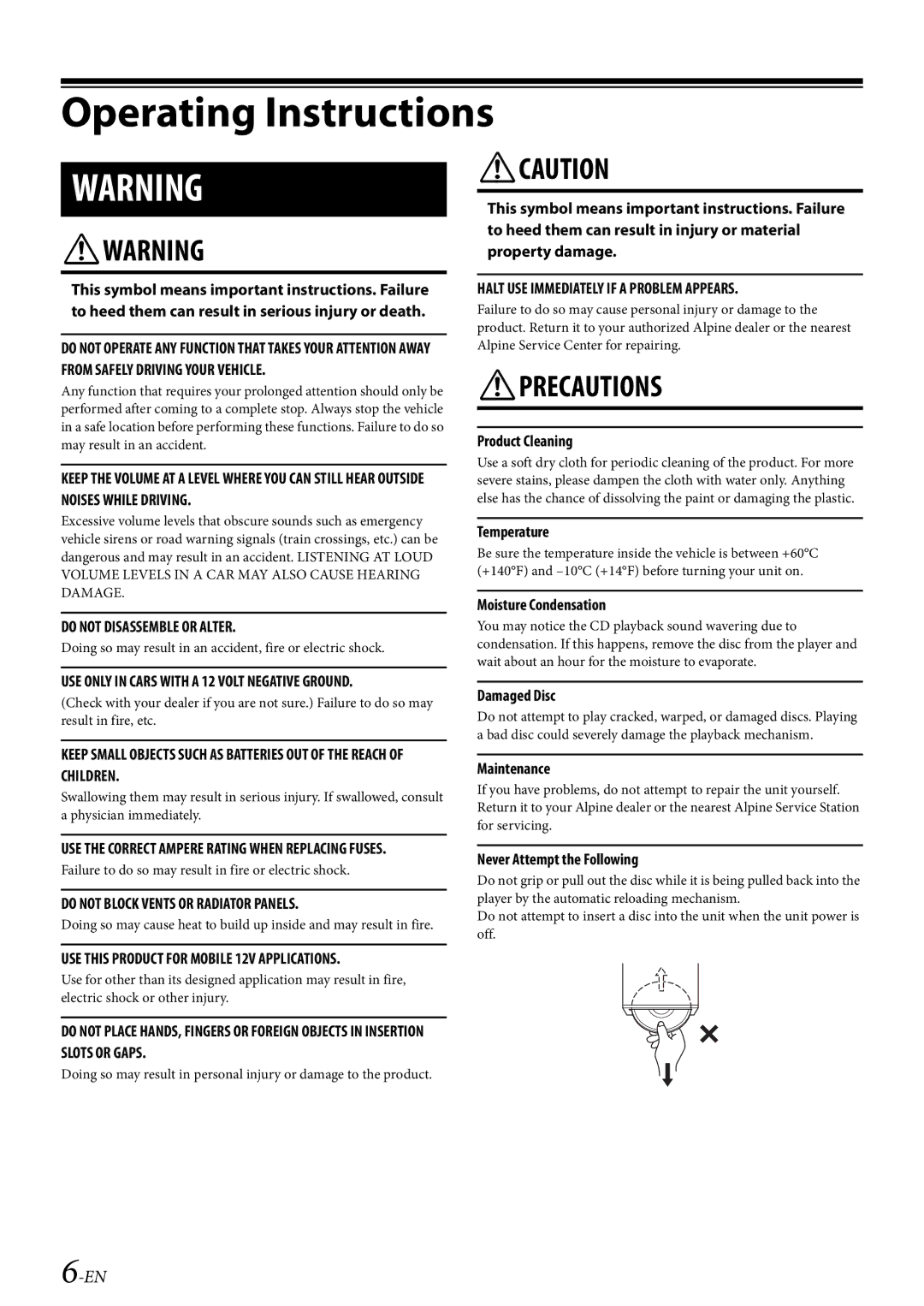 Alpine CDE-HD149BT owner manual Doing so may result in an accident, fire or electric shock 