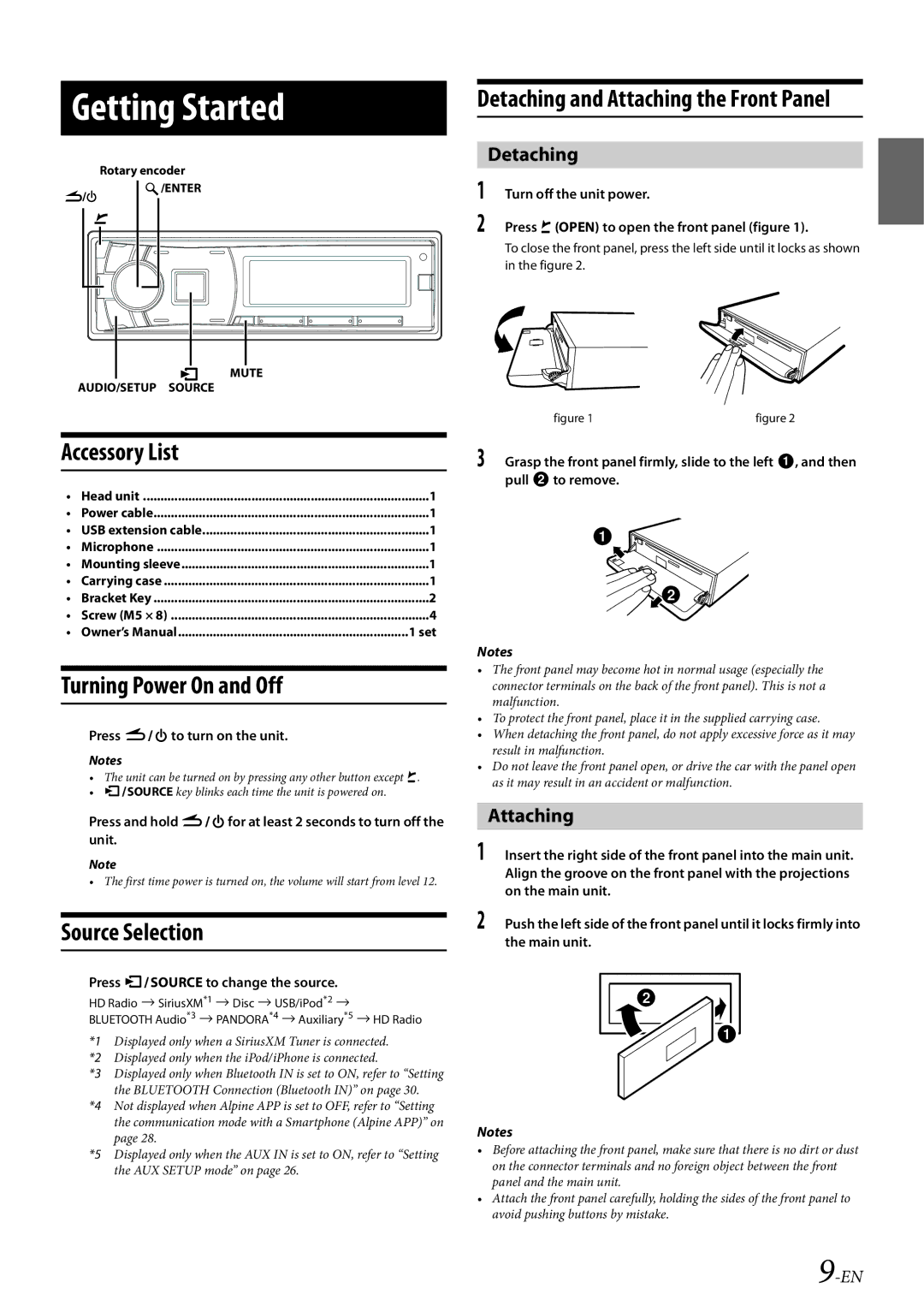 Alpine CDE-HD149BT owner manual Accessory List, Turning Power On and Off, Source Selection, Detaching, Attaching 