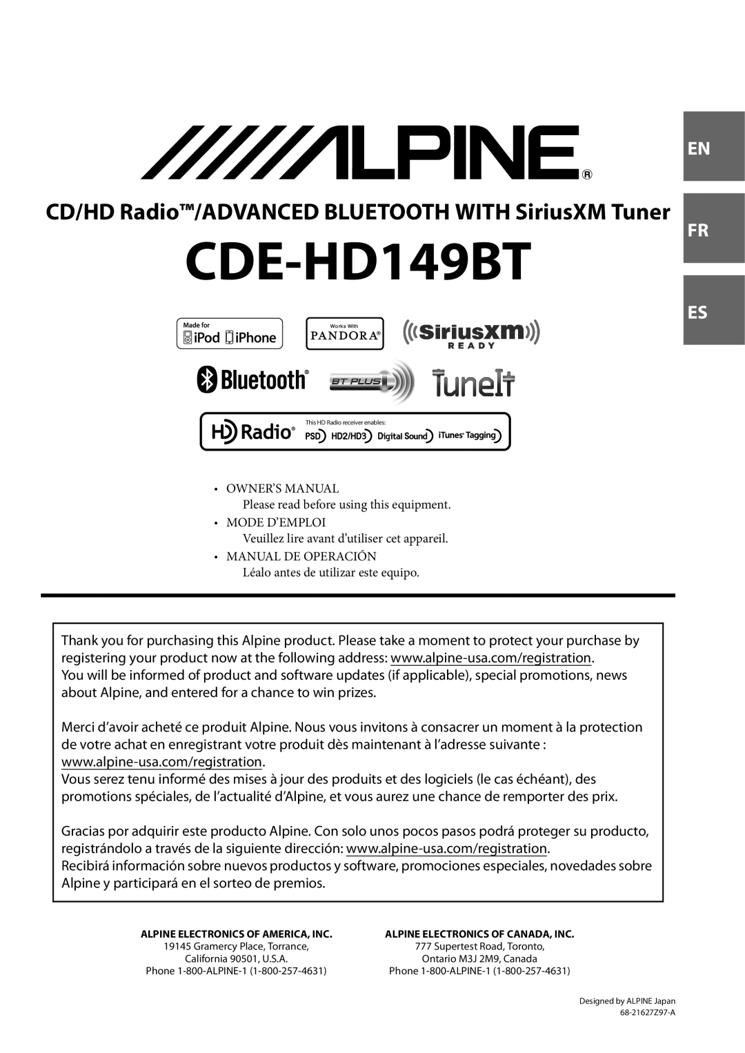 Alpine CDE-HD149BT owner manual CD/HD Radio/ADVANCED BLUETOOTH WITH SiriusXM Tuner 