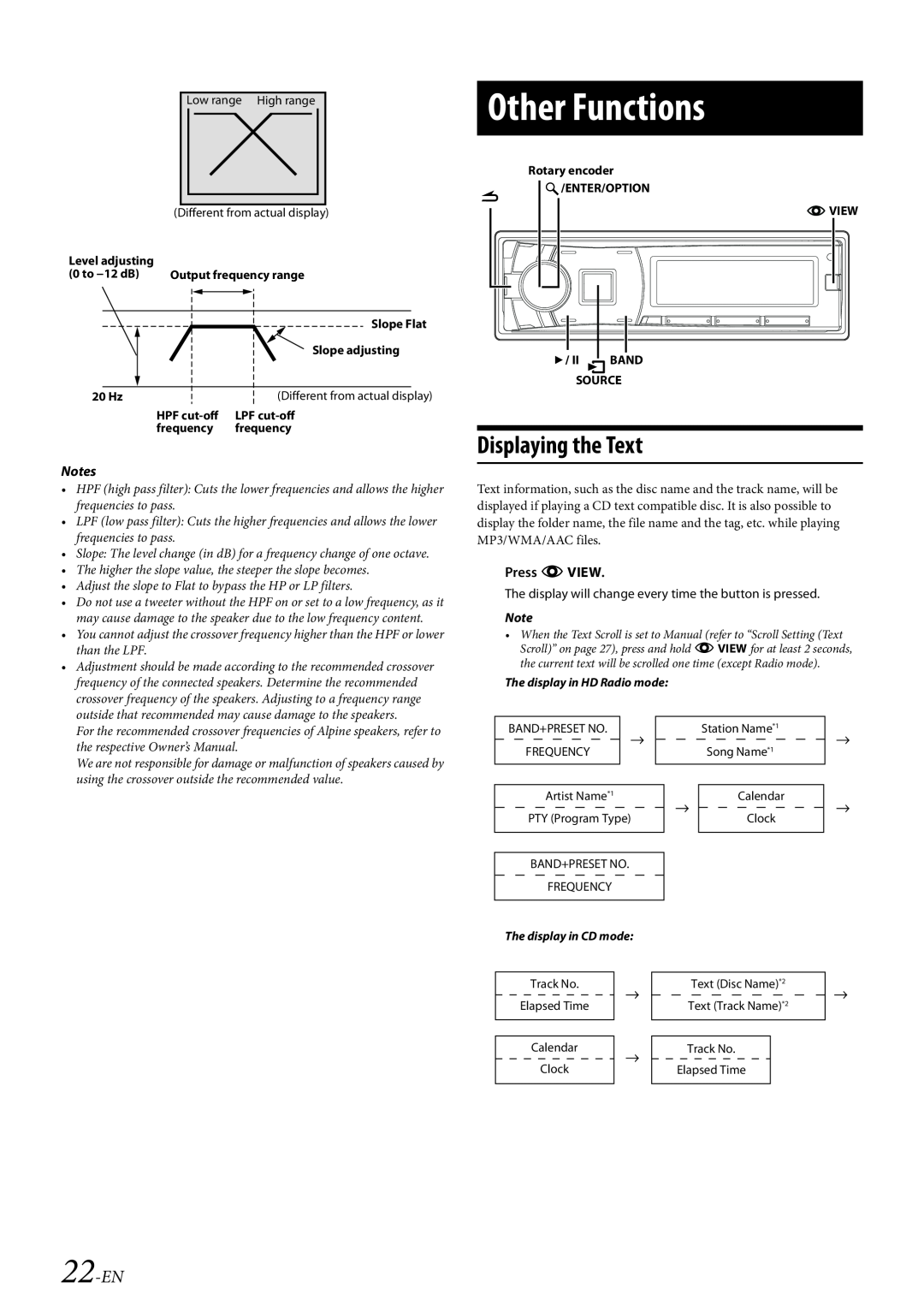Alpine CDE-HD149BT owner manual Other Functions, Displaying the Text, 22-EN, Press kVIEW 