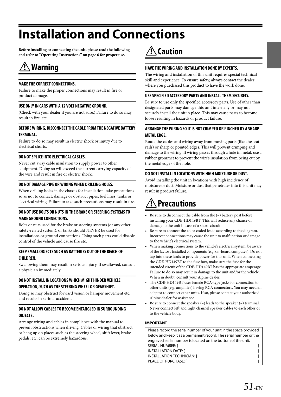 Alpine CDE-HD149BT owner manual Installation and Connections, Warning, Caution, Precautions, 51-EN 