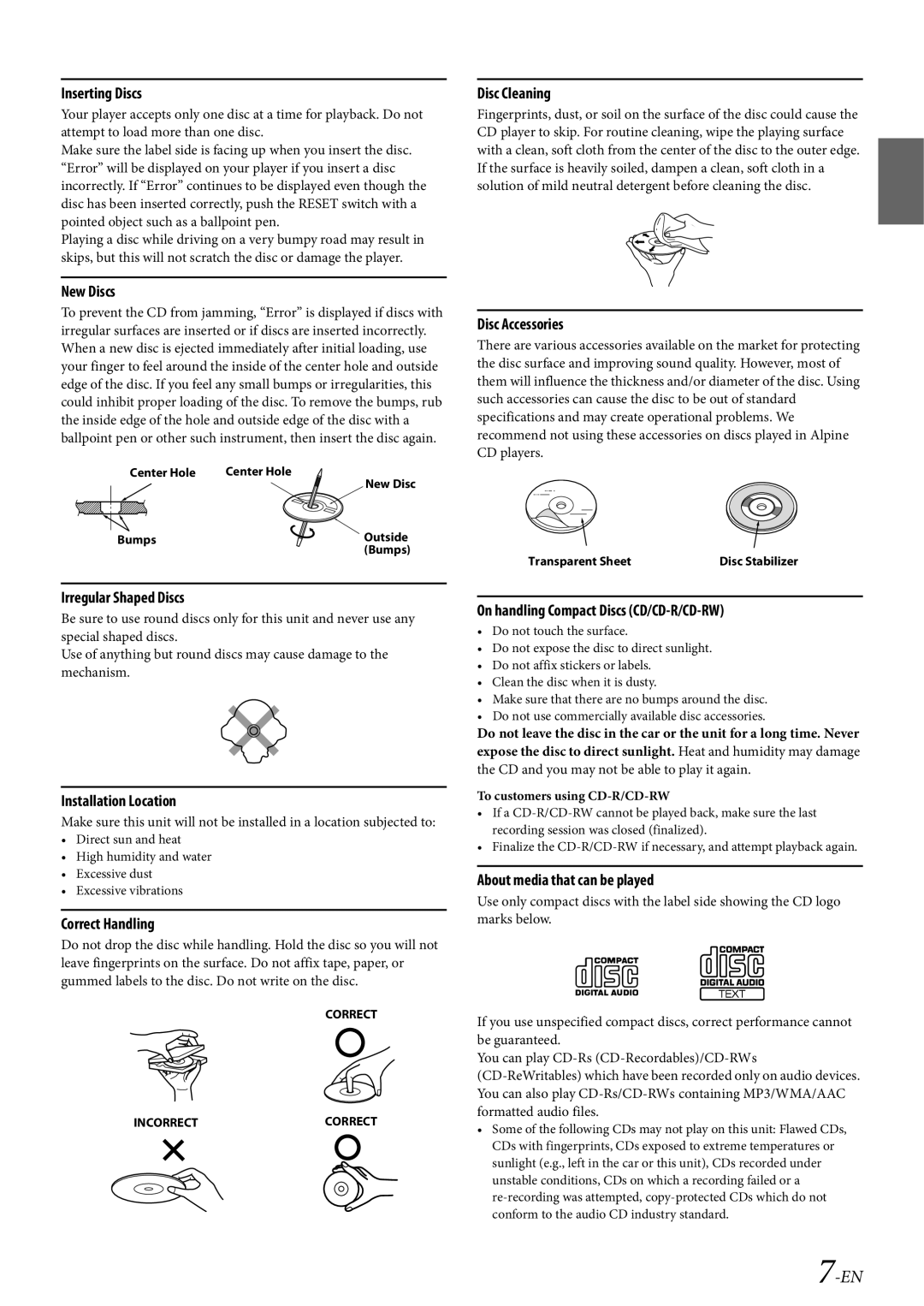 Alpine CDE-HD149BT owner manual 7-EN, Inserting Discs, New Discs, Installation Location, Correct Handling, Disc Cleaning 