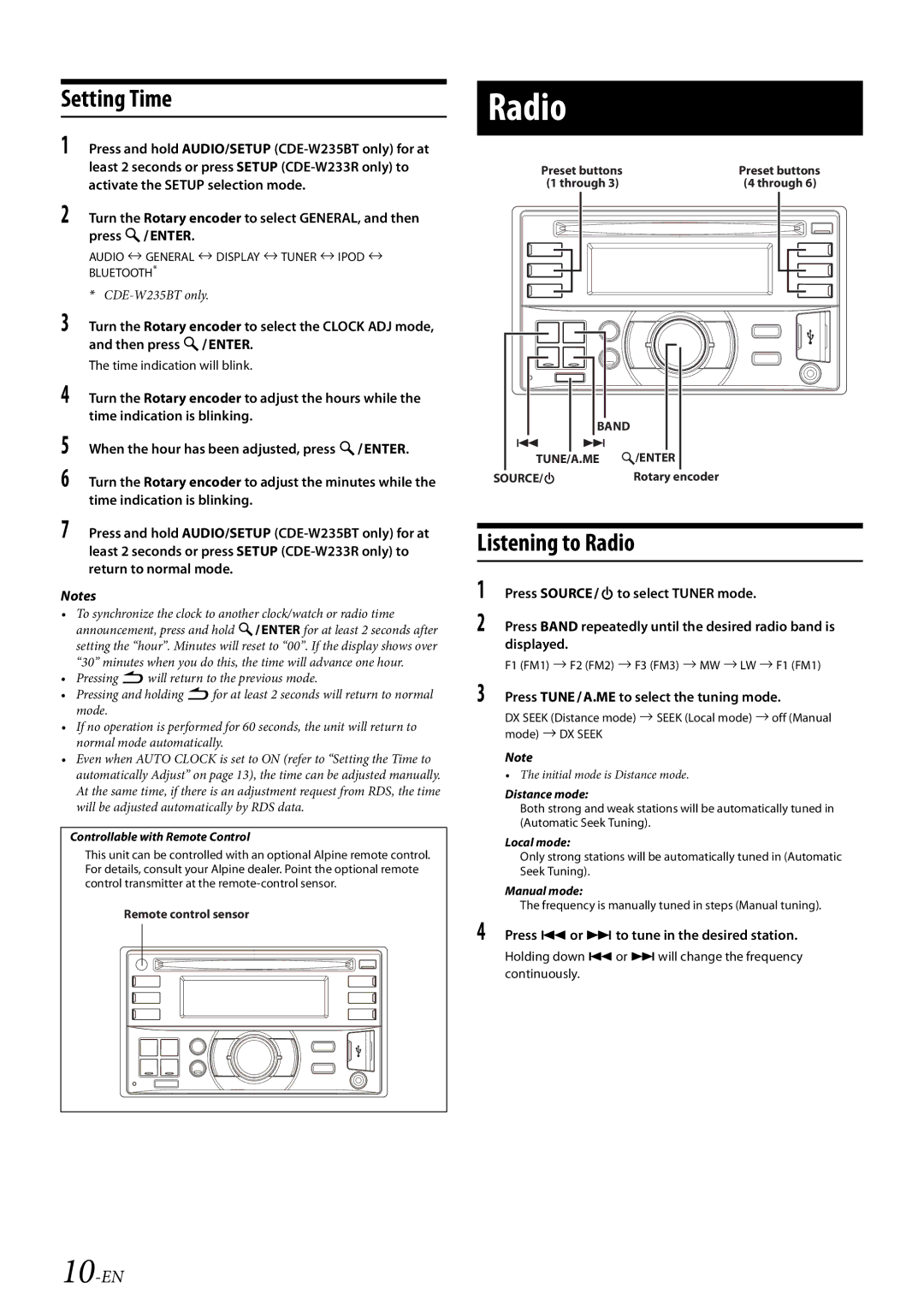 Alpine CDE-W233R Setting Time, Listening to Radio, 10-EN, Press TUNEA.ME to select the tuning mode, CDE-W235BT only 