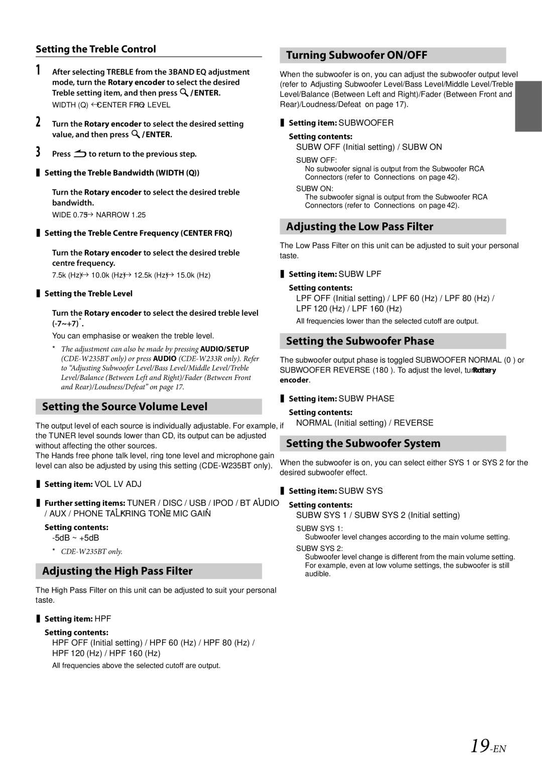 Alpine CDE-W233R, CDE-W235BT Setting the Source Volume Level, Adjusting the High Pass Filter, Turning Subwoofer ON/OFF 