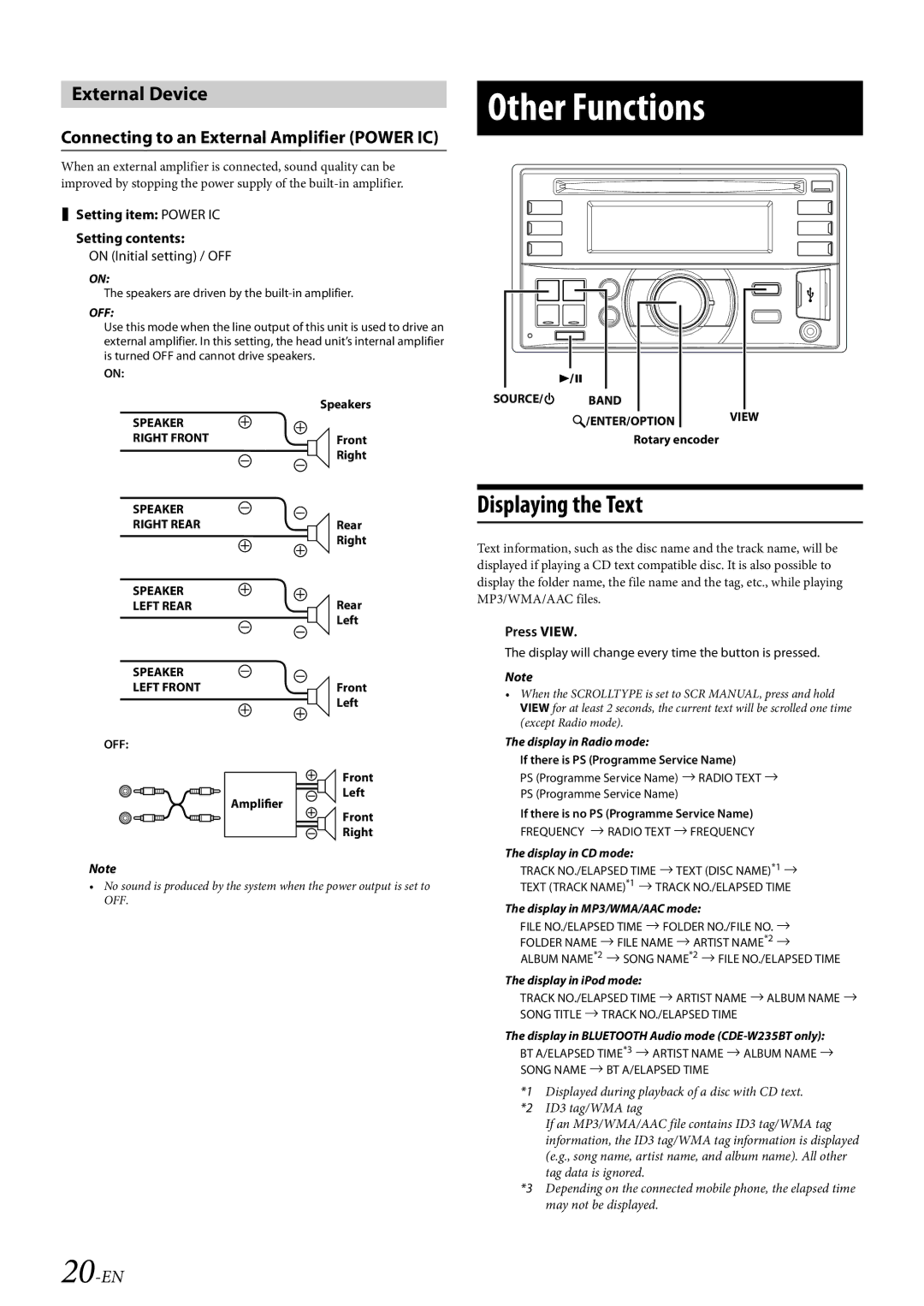 Alpine CDE-W235BT Displaying the Text, External Device, Connecting to an External Amplifier Power IC, 20-EN, Press View 