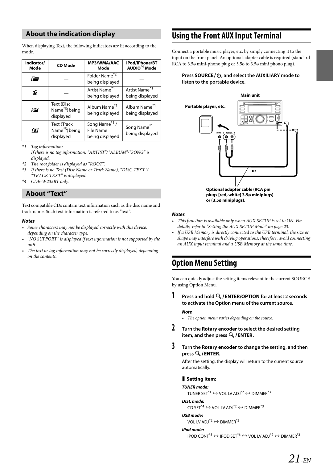 Alpine CDE-W233R Using the Front AUX Input Terminal, Option Menu Setting, About the indication display, About Text, 21-EN 