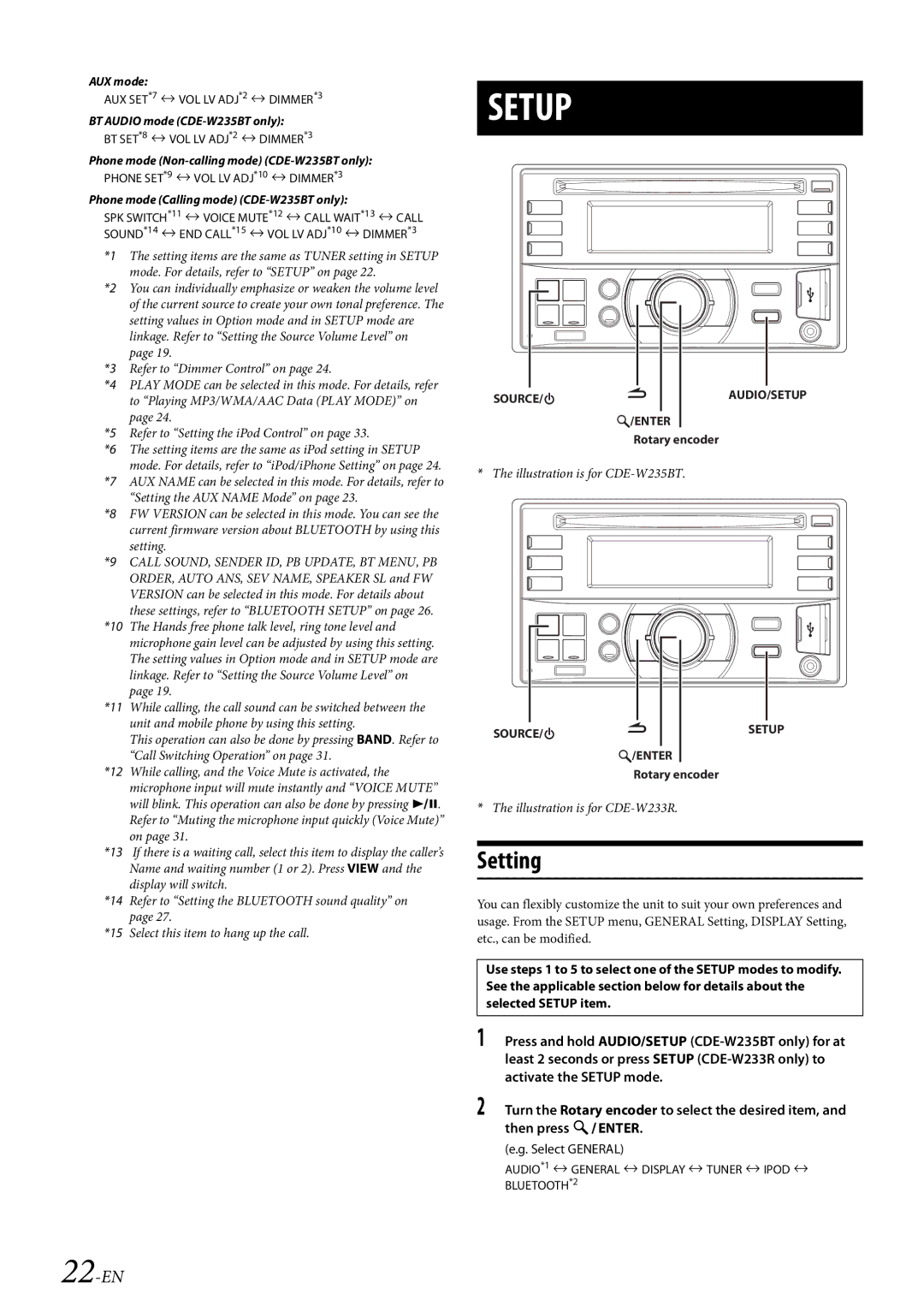 Alpine CDE-W235BT, CDE-W233R owner manual Setting, 22-EN, Select General 