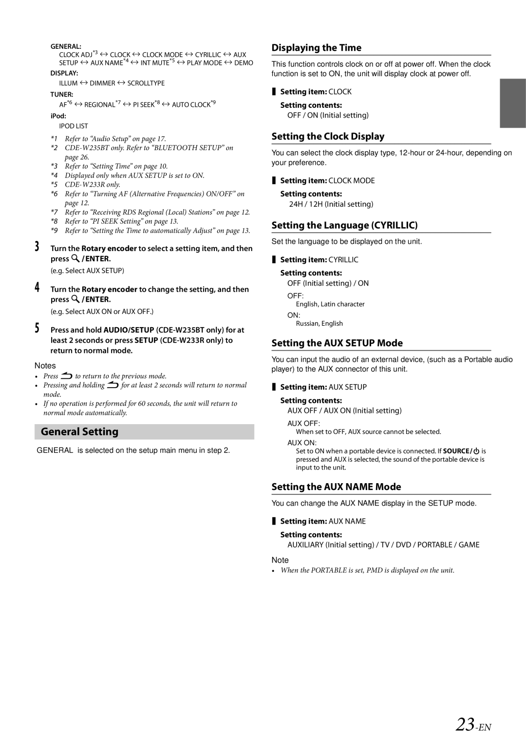 Alpine CDE-W233R, CDE-W235BT owner manual General Setting 