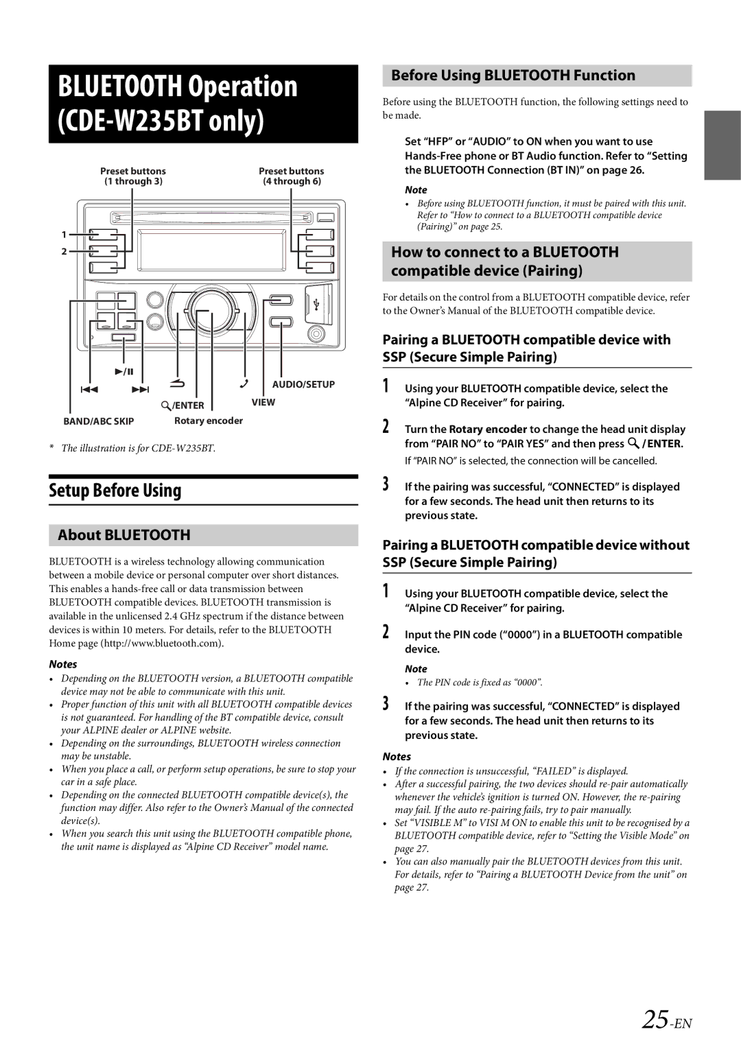 Alpine CDE-W233R, CDE-W235BT owner manual Setup Before Using, About Bluetooth, Before Using Bluetooth Function, 25-EN 