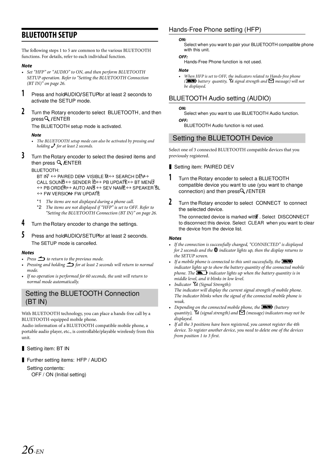 Alpine CDE-W235BT Setting the Bluetooth Connection BT, Setting the Bluetooth Device, Hands-Free Phone setting HFP, 26-EN 