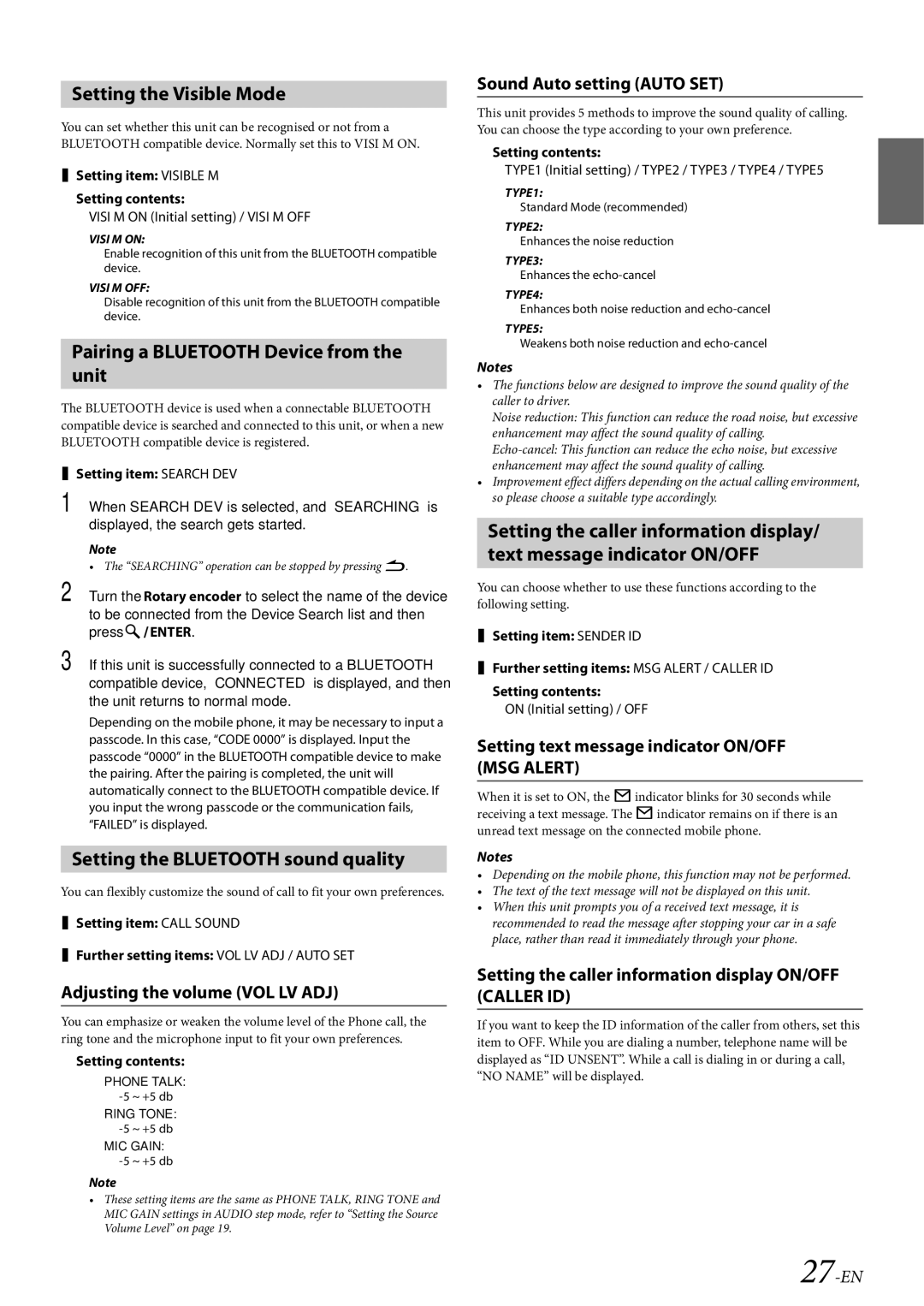 Alpine CDE-W233R Setting the Visible Mode, Pairing a Bluetooth Device from the unit, Setting the Bluetooth sound quality 