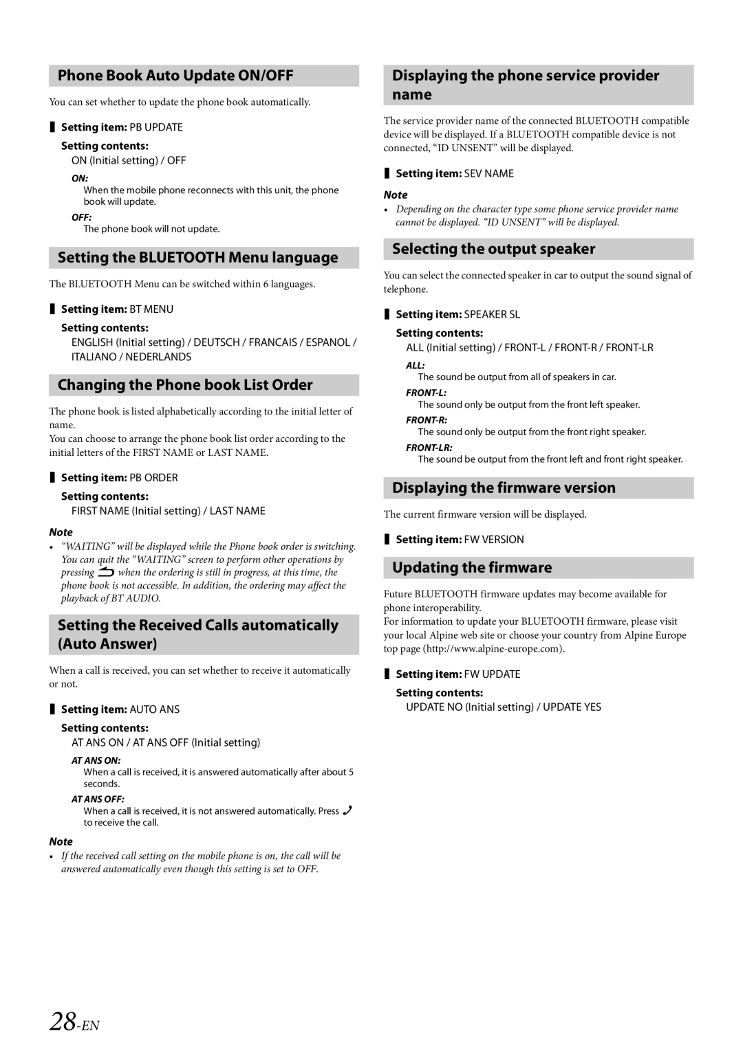 Alpine CDE-W235BT Phone Book Auto Update ON/OFF, Setting the Bluetooth Menu language, Changing the Phone book List Order 