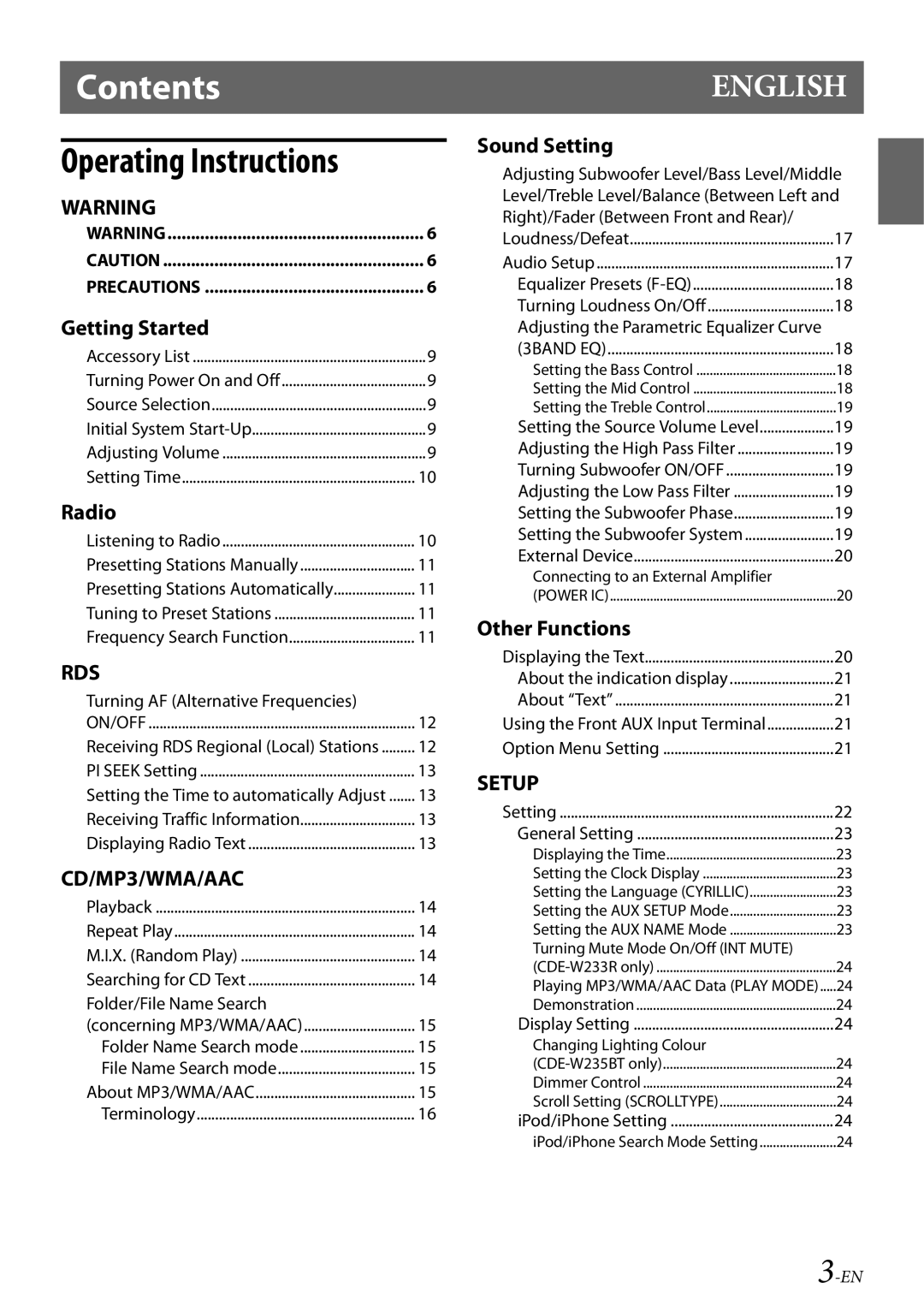 Alpine CDE-W233R, CDE-W235BT owner manual Contents 