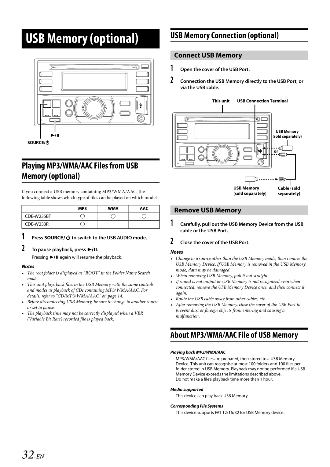 Alpine CDE-W235BT Remove USB Memory, 32-EN, Pressing again will resume the playback, USB Memory Sold separately 