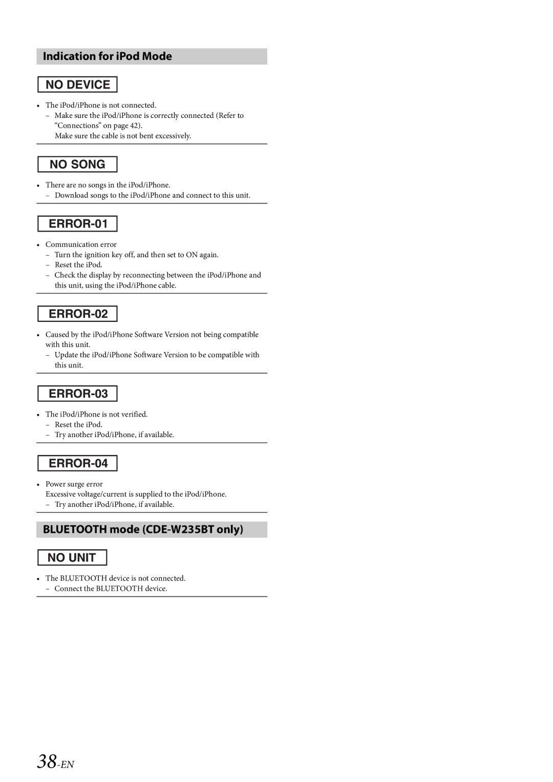 Alpine CDE-W233R owner manual Indication for iPod Mode, Bluetooth mode CDE-W235BT only, 38-EN 