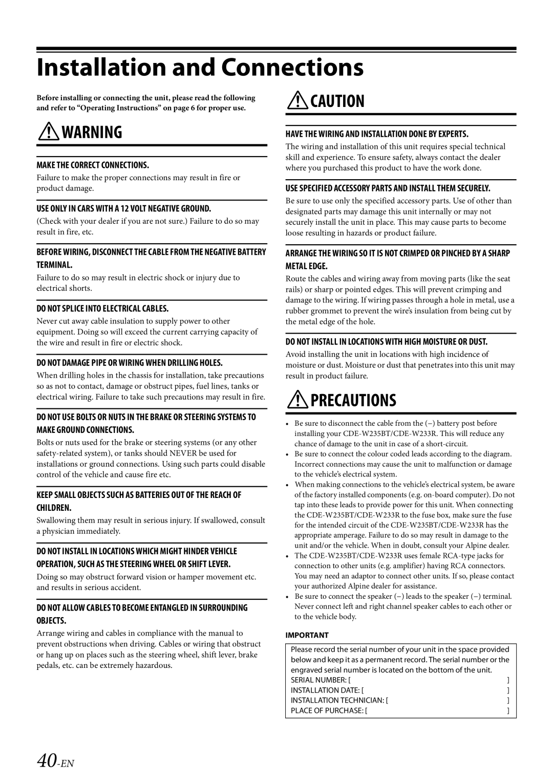 Alpine CDE-W235BT, CDE-W233R owner manual Installation and Connections, 40-EN 