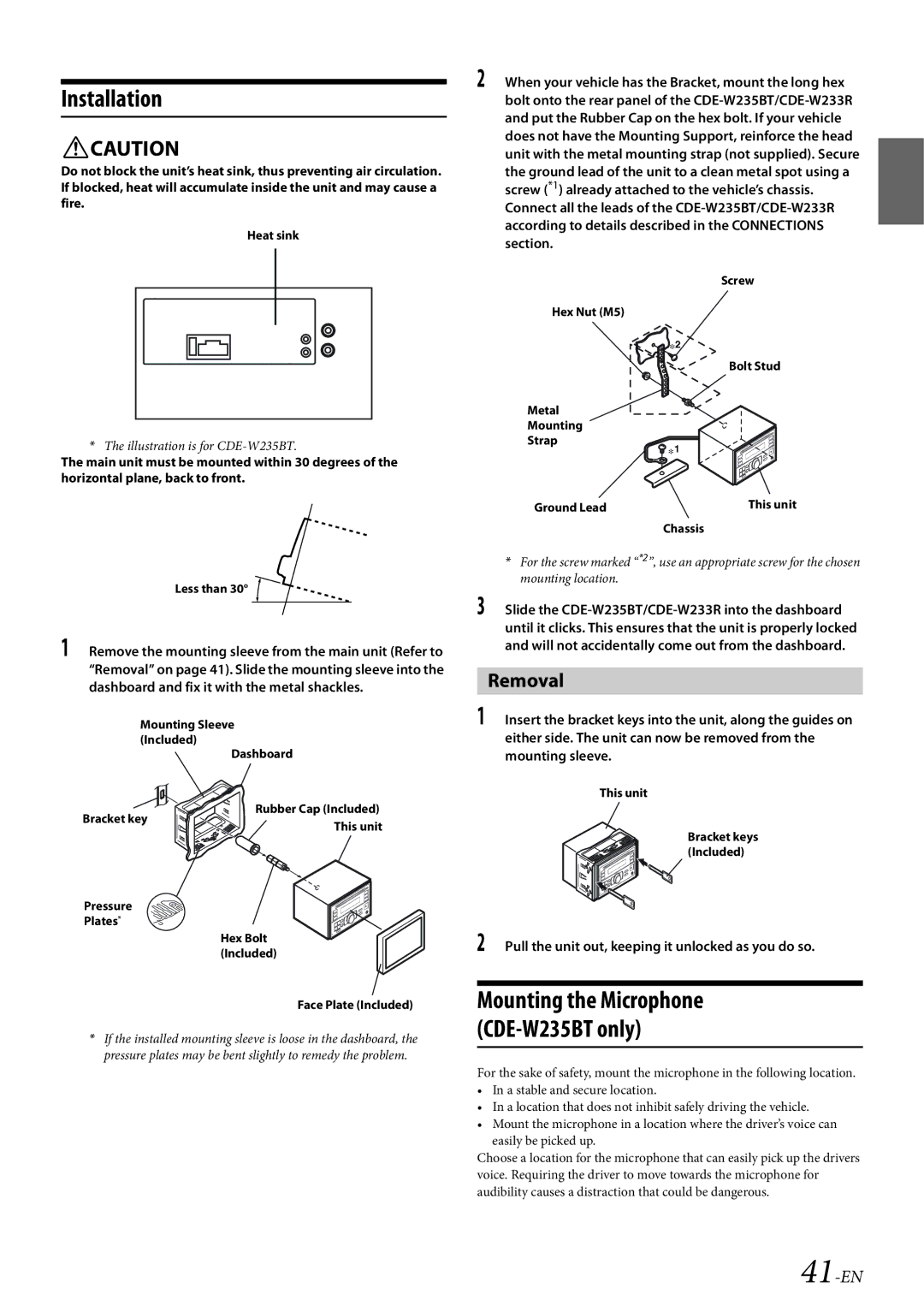 Alpine CDE-W233R owner manual Installation, Removal, Mounting the Microphone CDE-W235BT only, 41-EN 