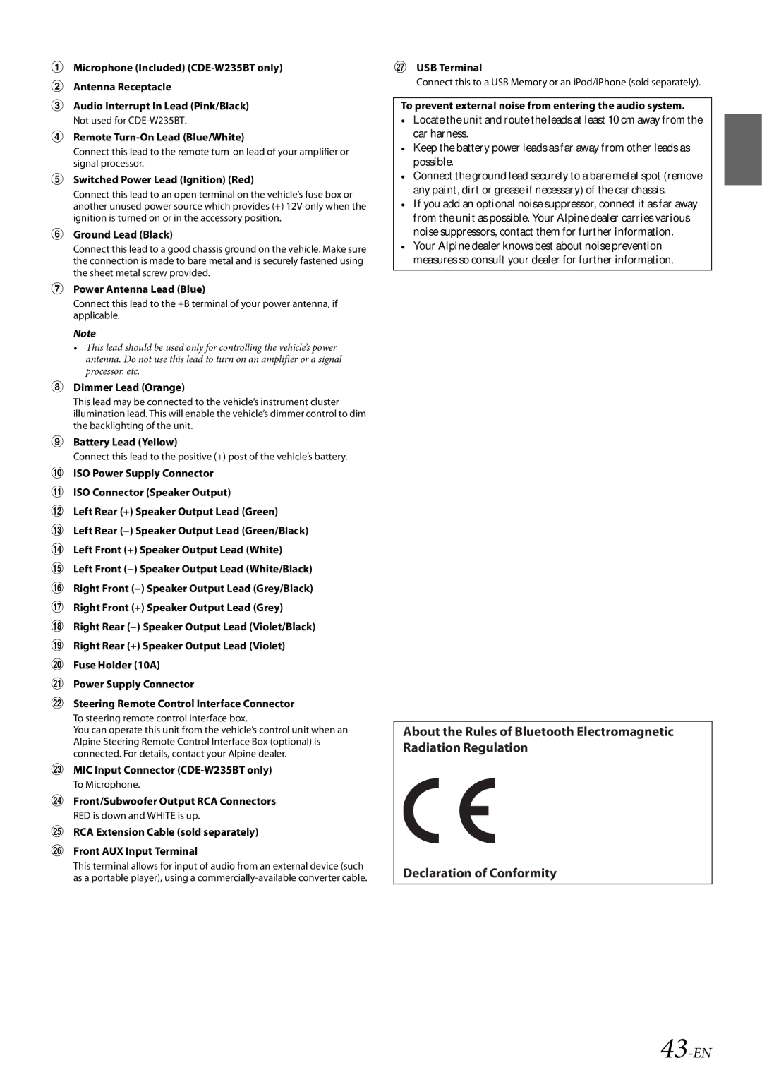 Alpine CDE-W233R, CDE-W235BT owner manual 43-EN,  Switched Power Lead Ignition Red 