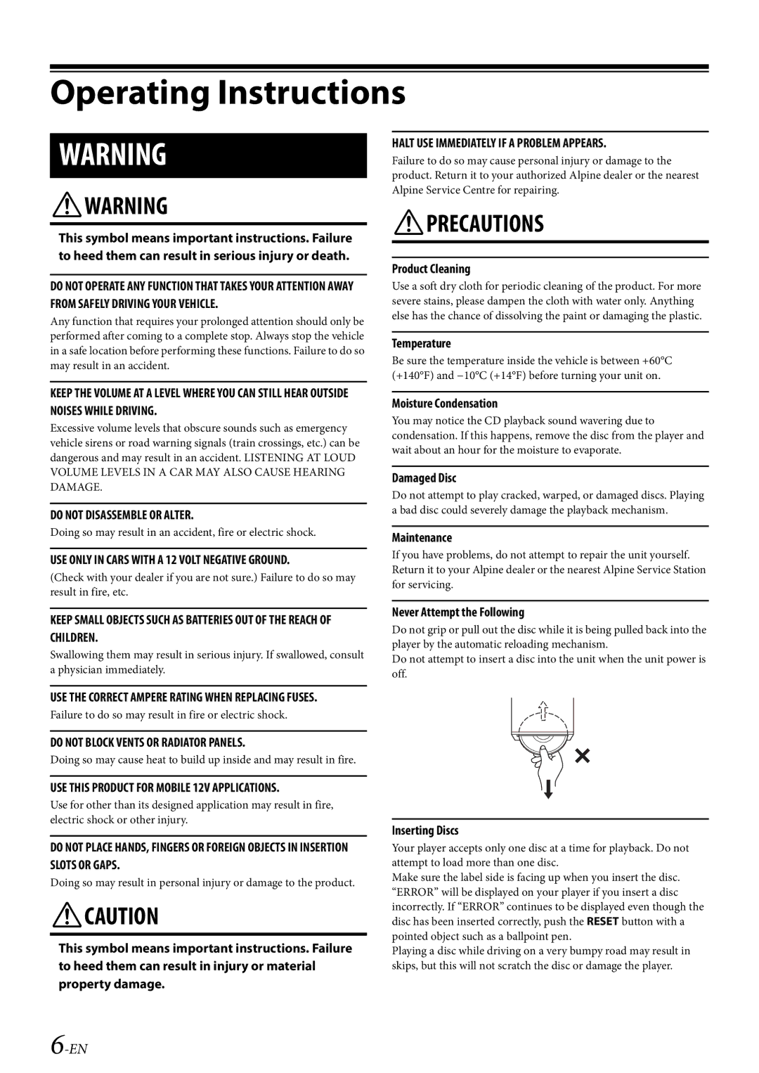 Alpine CDE-W235BT, CDE-W233R owner manual Doing so may result in an accident, fire or electric shock 