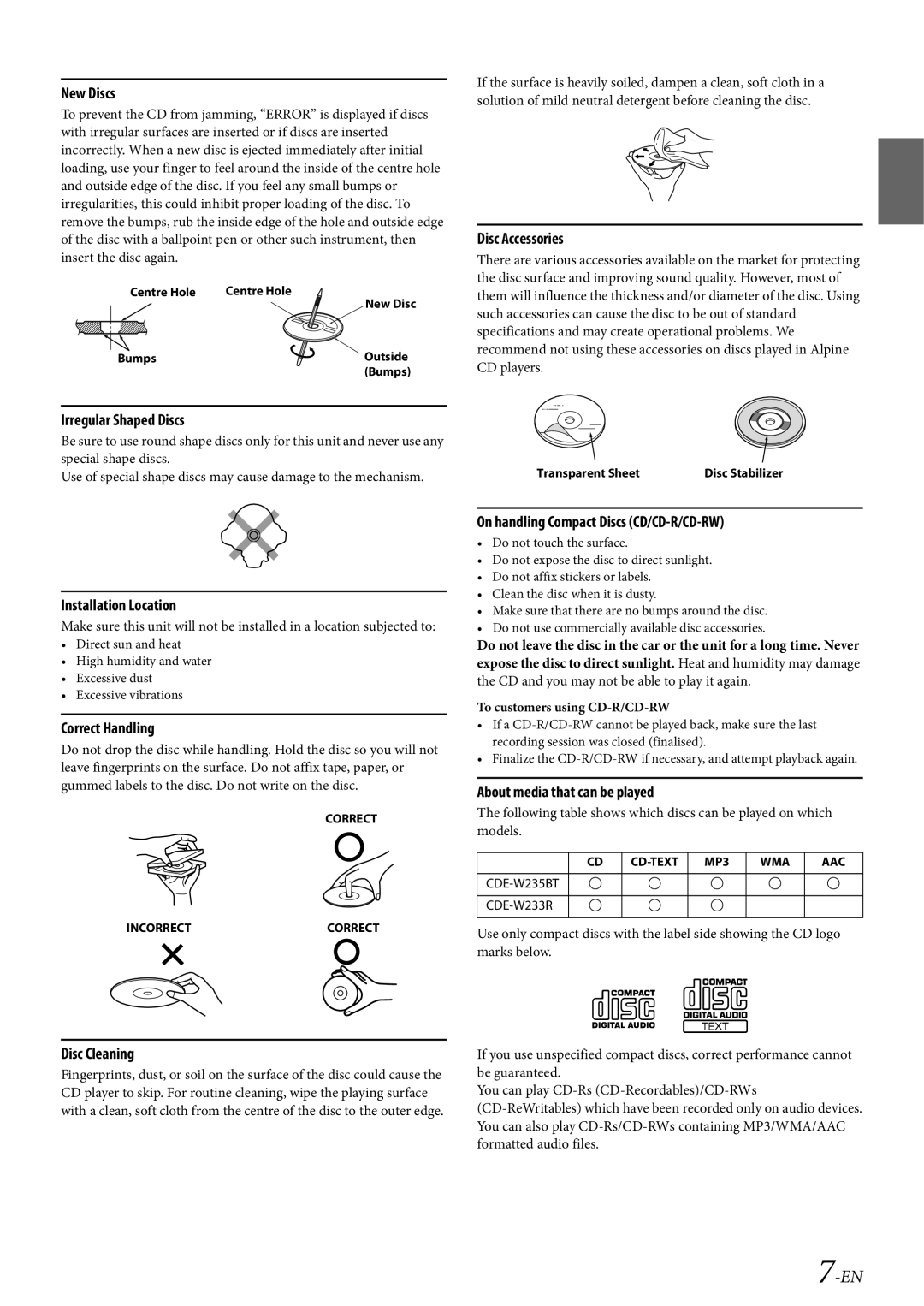 Alpine CDE-W233R, CDE-W235BT CD and you may not be able to play it again, Centre Hole, Bumps Outside, Transparent Sheet 