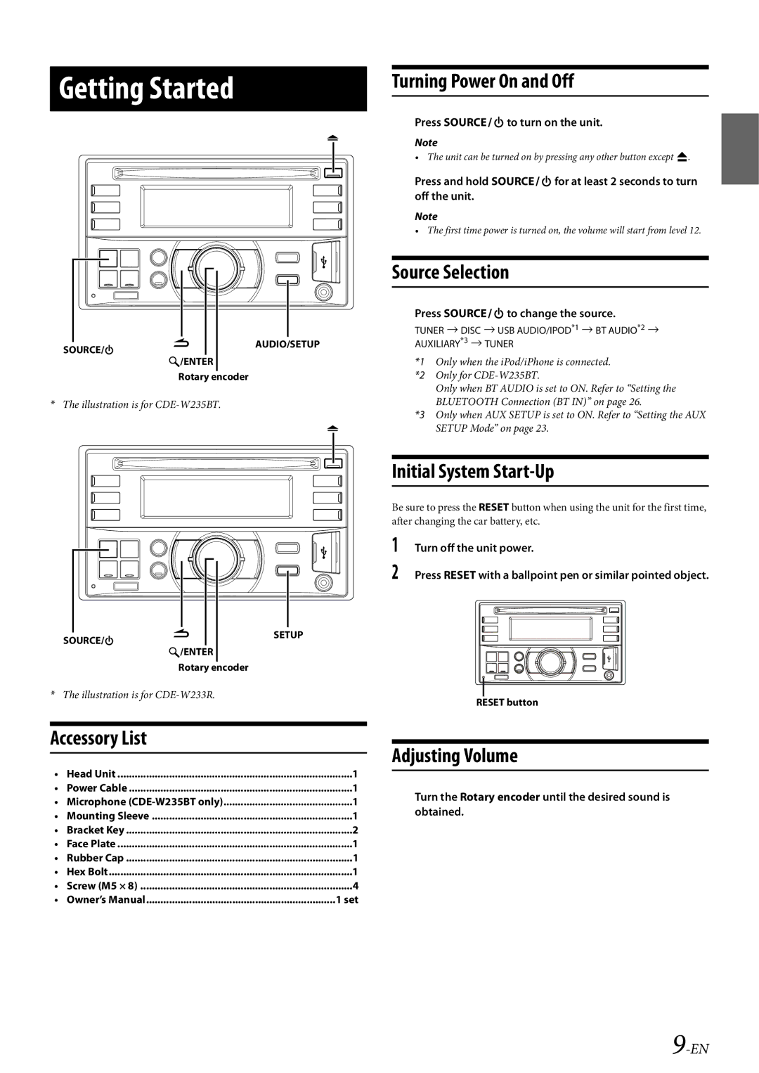 Alpine CDE-W233R Turning Power On and Off, Source Selection, Initial System Start-Up, Accessory List, Adjusting Volume 