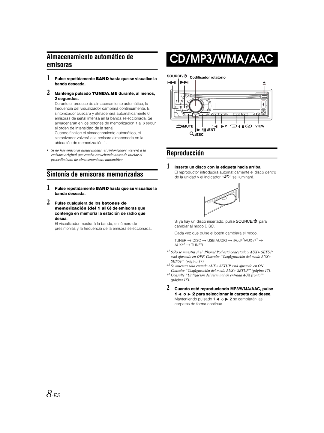 Alpine CDE103BT owner manual Almacenamiento automático de emisoras, Sintonía de emisoras memorizadas, Reproducción 