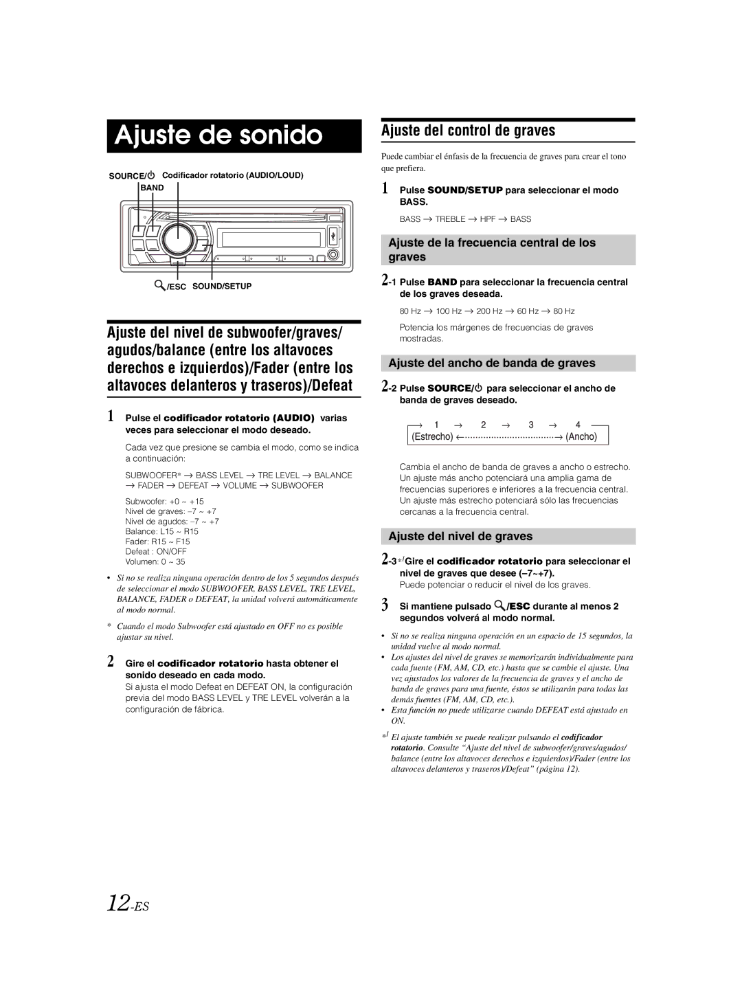 Alpine CDE103BT owner manual Ajuste de sonido, Ajuste del control de graves, Ajuste de la frecuencia central de los graves 