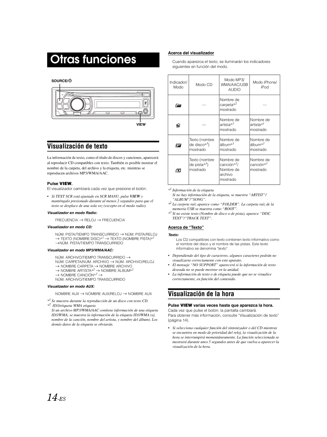 Alpine CDE103BT owner manual Otras funciones, Visualización de texto, Visualización de la hora, 14-ES 