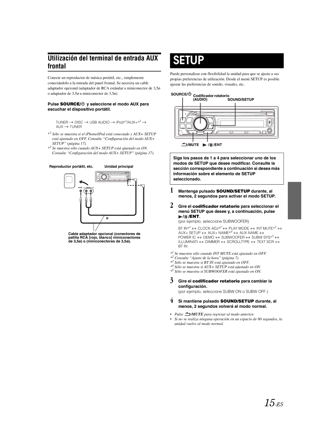 Alpine CDE103BT owner manual Utilización del terminal de entrada AUX frontal, 15-ES 