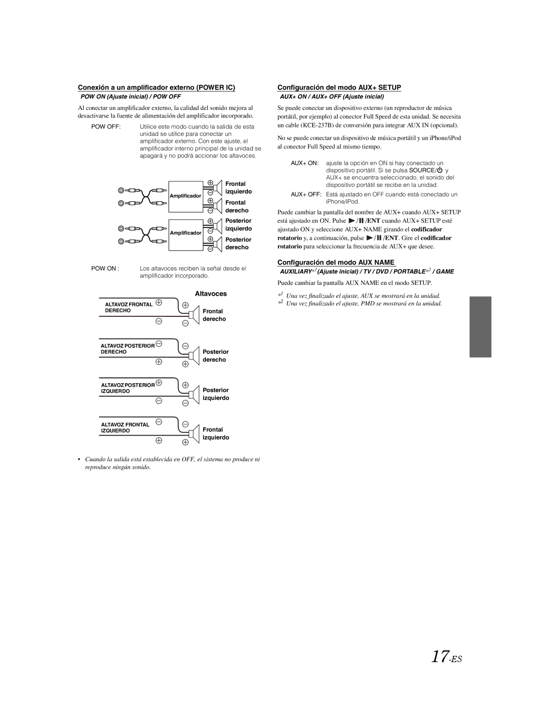 Alpine CDE103BT 17-ES, Conexión a un amplificador externo Power IC, Altavoces, Configuración del modo AUX+ Setup 