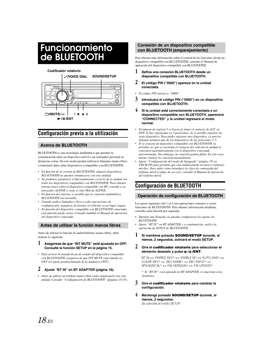 Alpine CDE103BT owner manual Funcionamiento de Bluetooth, Configuración previa a la utilización, Configuración de Bluetooth 