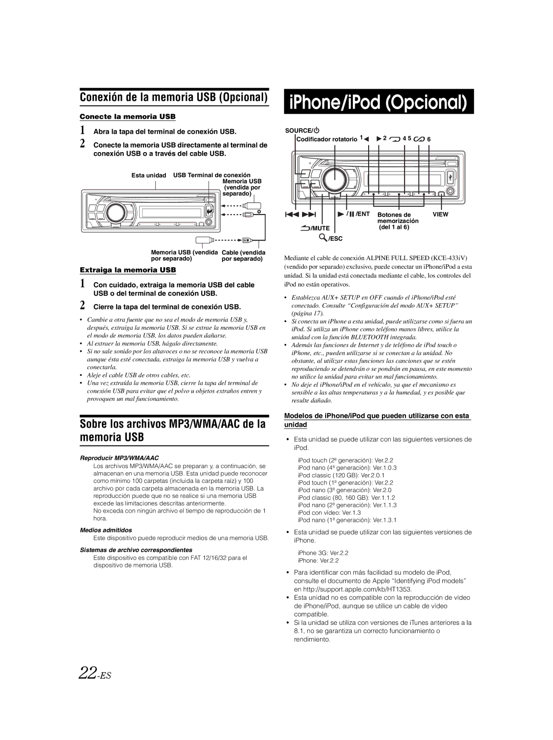 Alpine CDE103BT IPhone/iPod Opcional, Sobre los archivos MP3/WMA/AAC de la memoria USB, 22-ES, Reproducir MP3/WMA/AAC 