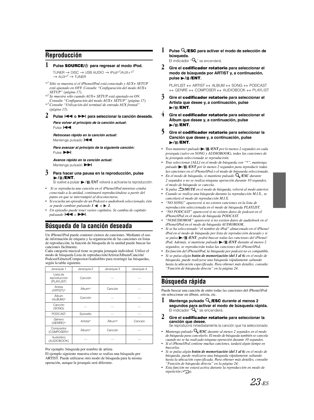 Alpine CDE103BT owner manual Búsqueda de la canción deseada, 23-ES, Pulse SOURCE/ para regresar al modo iPod 