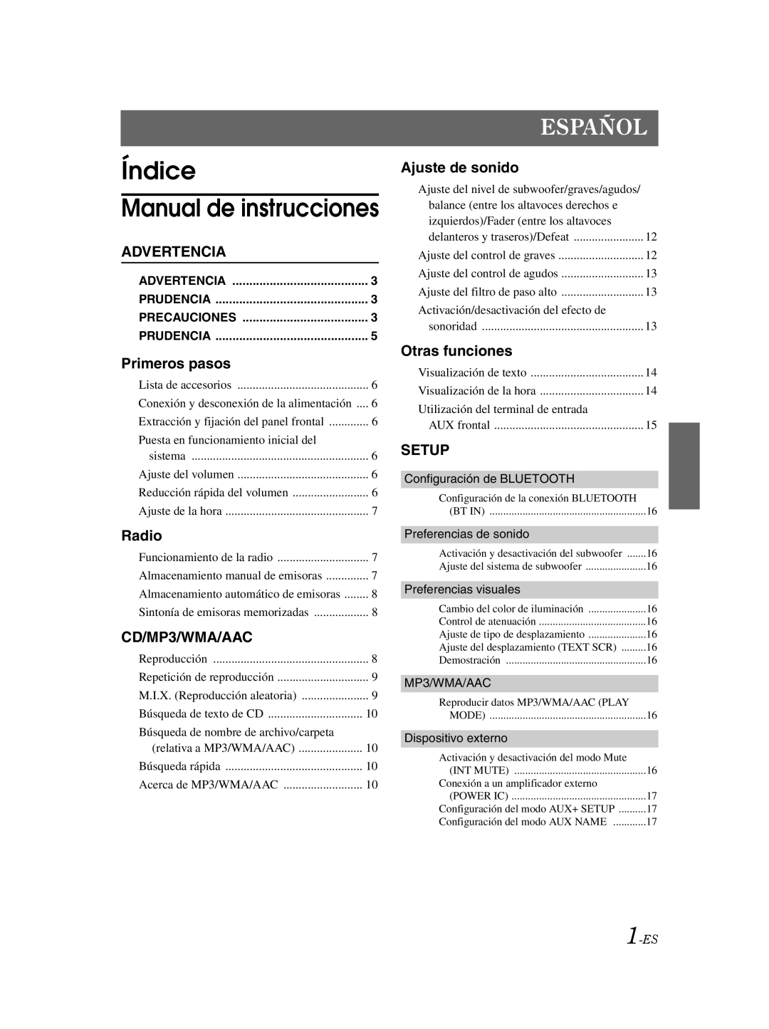 Alpine CDE103BT owner manual Índice Manual de instrucciones 