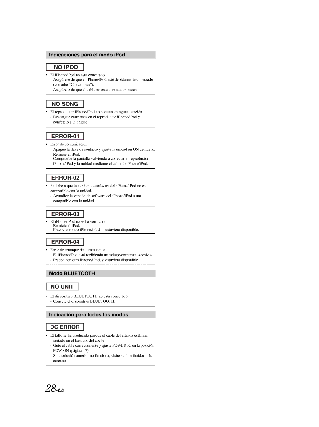 Alpine CDE103BT owner manual Indicaciones para el modo iPod, Modo Bluetooth, Indicación para todos los modos, 28-ES 